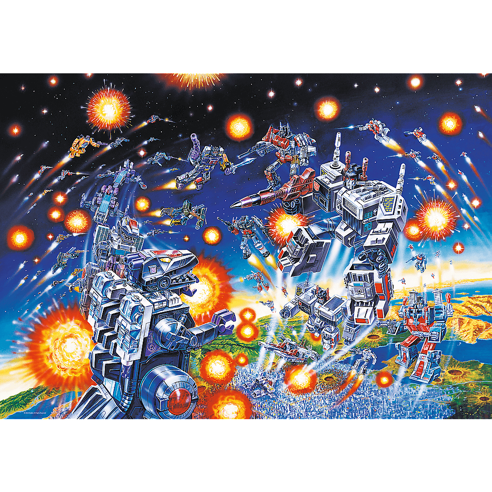 Un'illustrazione colorata di una scena di battaglia con robot ed esplosioni nello spazio e sulla terra.