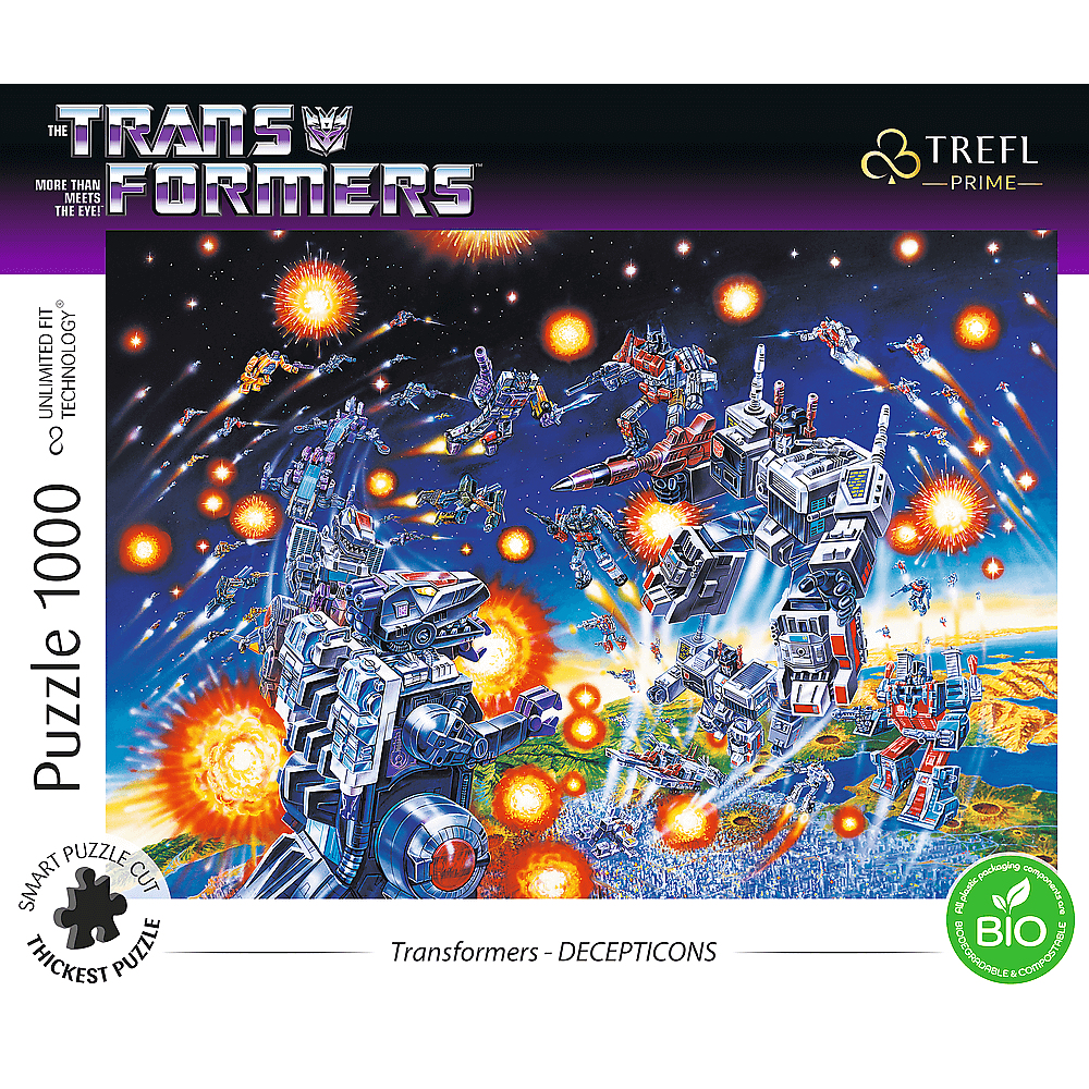 Scatola di puzzle con un'immagine di Transformers, robot in azione. Colori viola e blu.