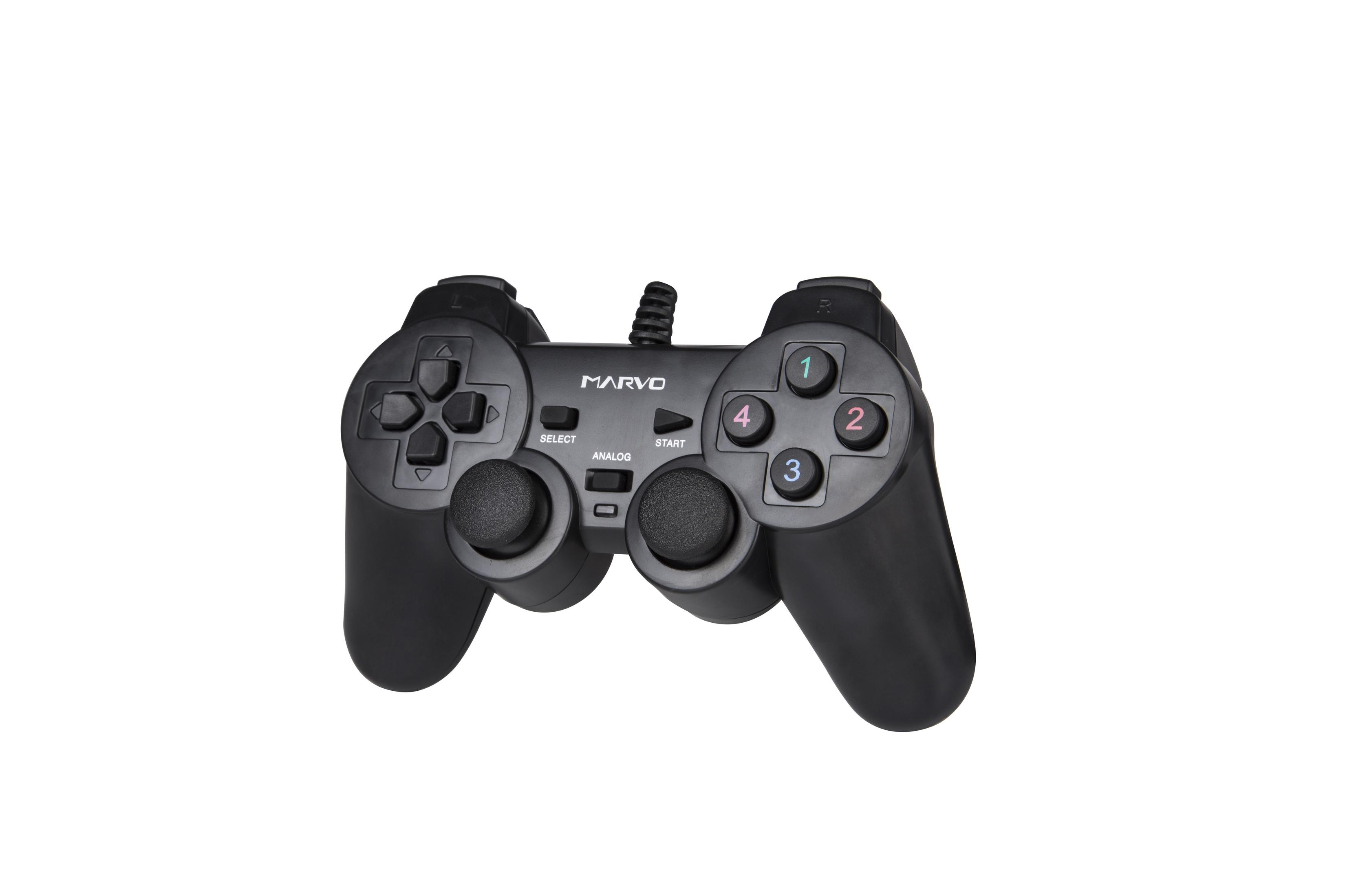 Czarny kontroler do gier Marvo z przyciskami i gałkami analogowymi.