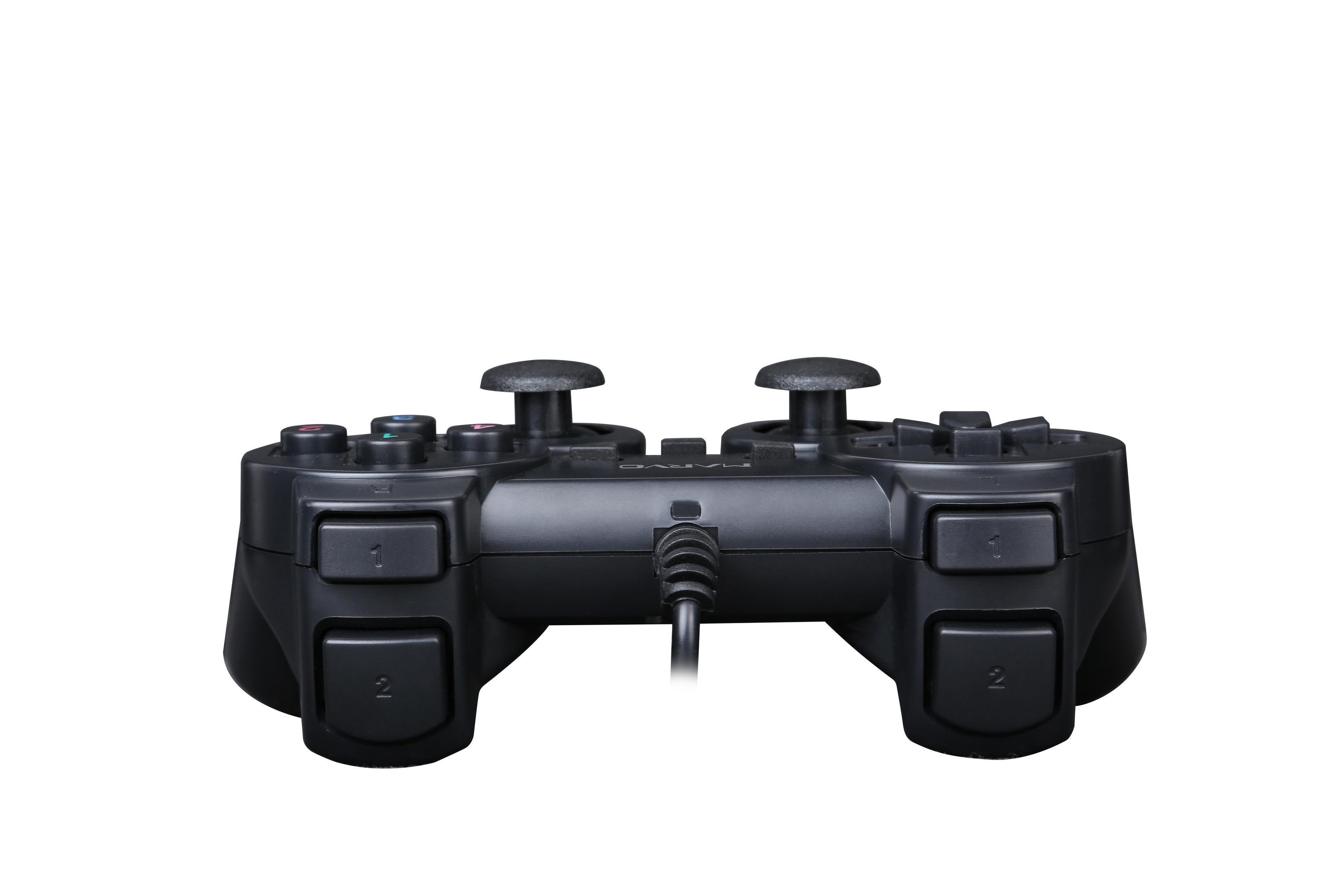 Czarny kontroler do gier z przyciskami i gałkami, na białym tle.