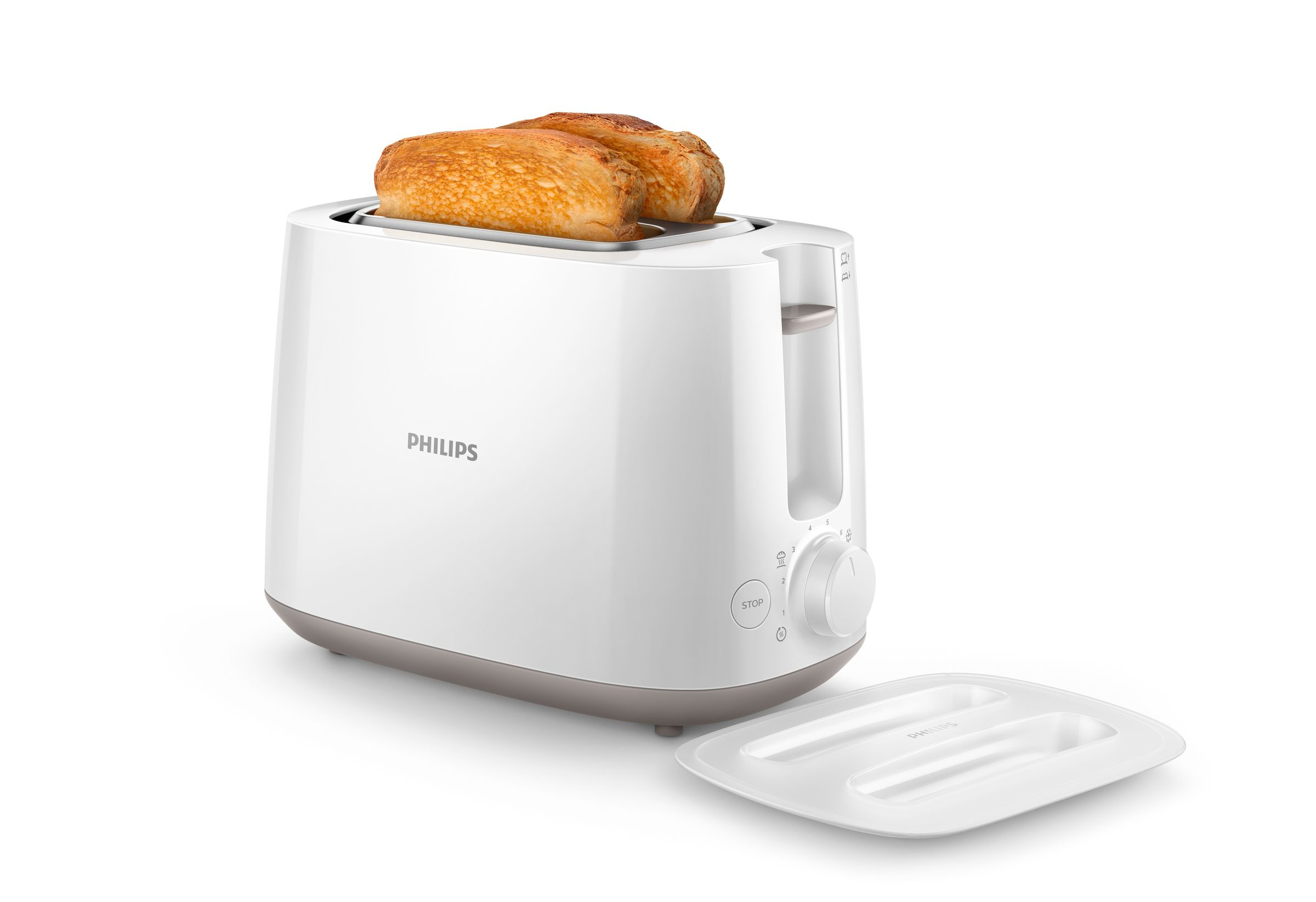 Witte broodrooster met twee sneetjes toast en een kruimellade.