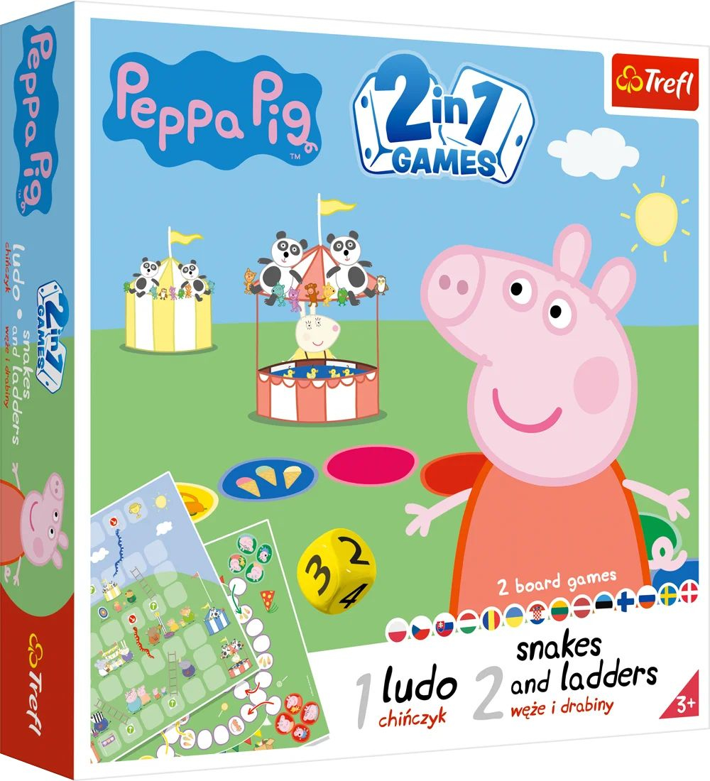 Peppa Pig bordspeldoos. Met Peppa, een carrousel en twee spellen: Ludo en Slangen en Ladders.