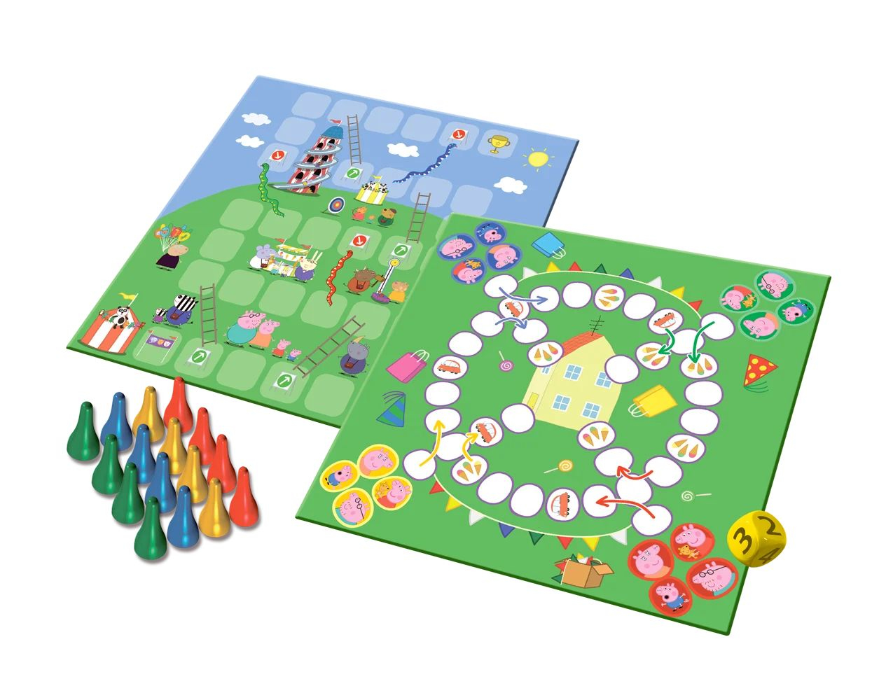 Twee spelborden met kleurrijke scènes. Inclusief pionnen, dobbelsteen en dieren.