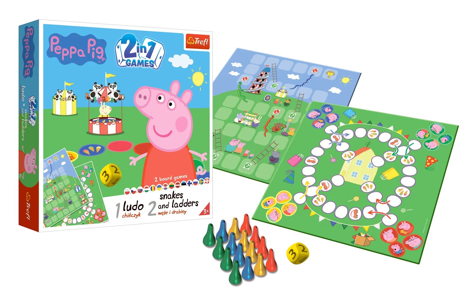 Peppa Pig 2 in 1 Games doos, met Peppa, bordspellen, dobbelstenen en speelstukken. Op een witte achtergrond.