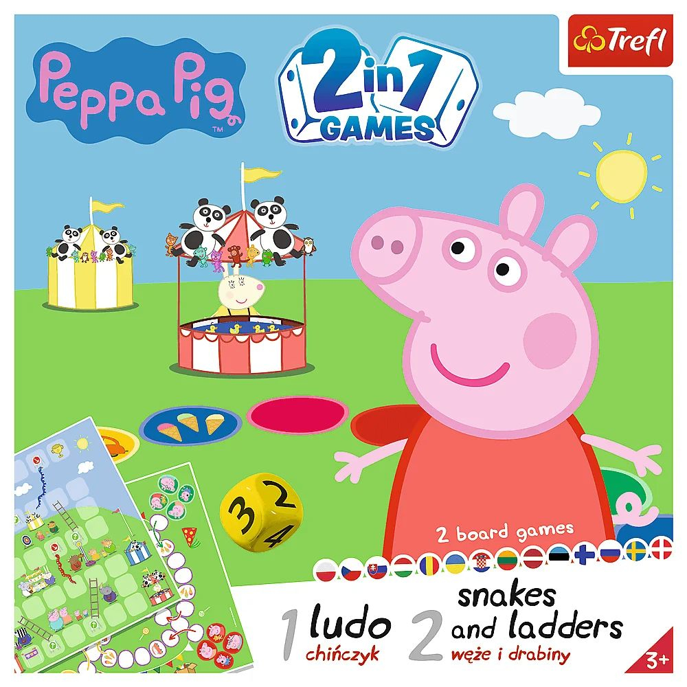 Peppa Pig bordspeldoos. Met Peppa, een carrousel en twee spellen: Ludo en Slangen en Ladders.