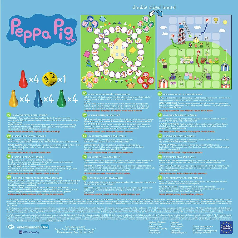 Dubbelzijdig Peppa Pig bordspel. Inclusief borden, dobbelstenen en instructies in meerdere talen.
