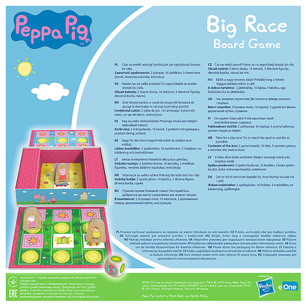 Tył pudełka gry planszowej Peppa Pig ze szczegółami gry i instrukcjami.