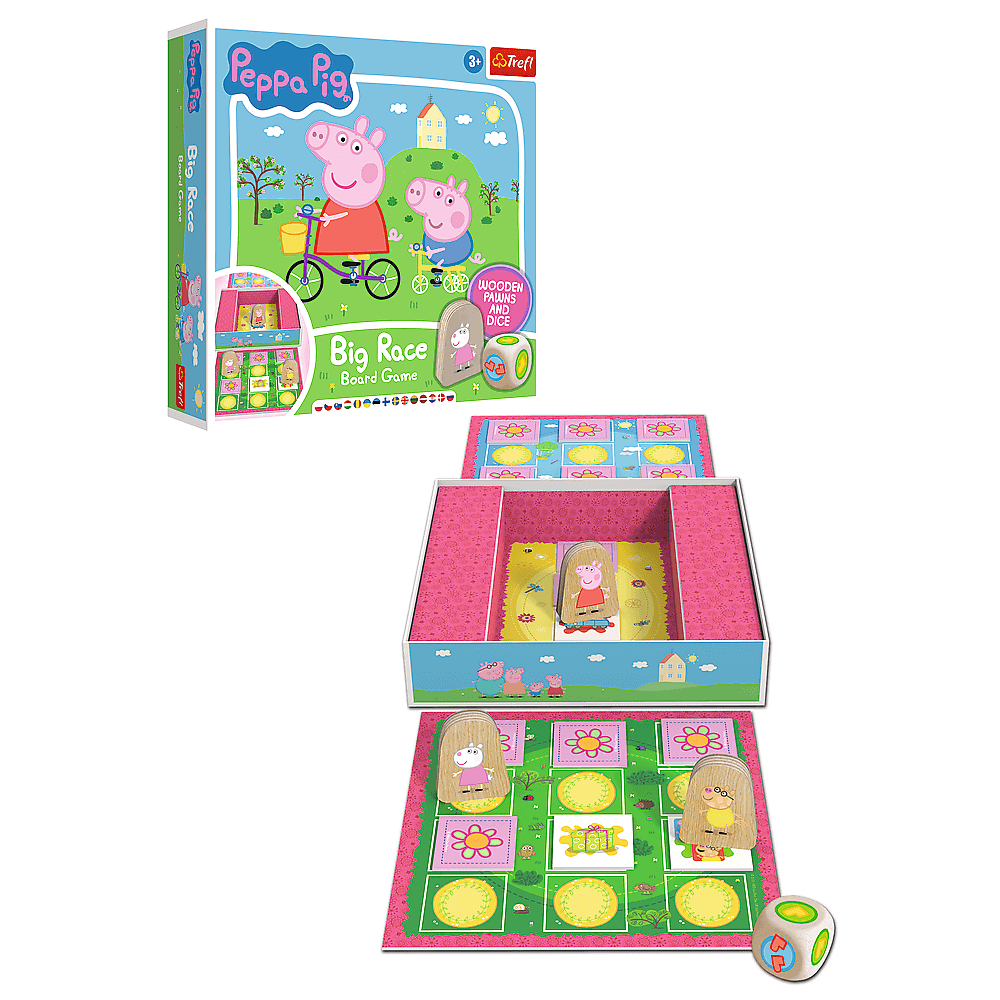 Pudełko gry planszowej Peppa Pig z grą planszową w środku, z postaciami Peppy.