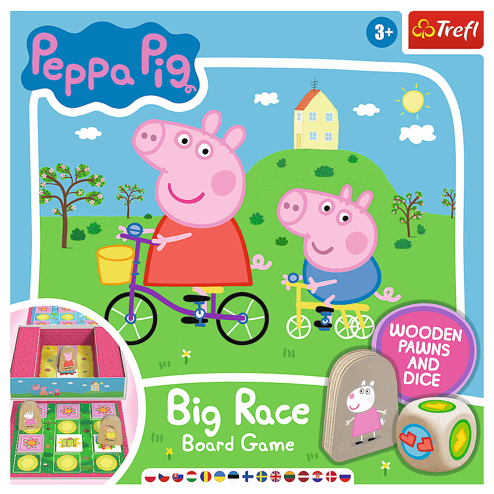 Pudełko gry planszowej Peppa Pig Big Race. Zawiera Peppę na rowerze, kostkę, pionki i planszę.