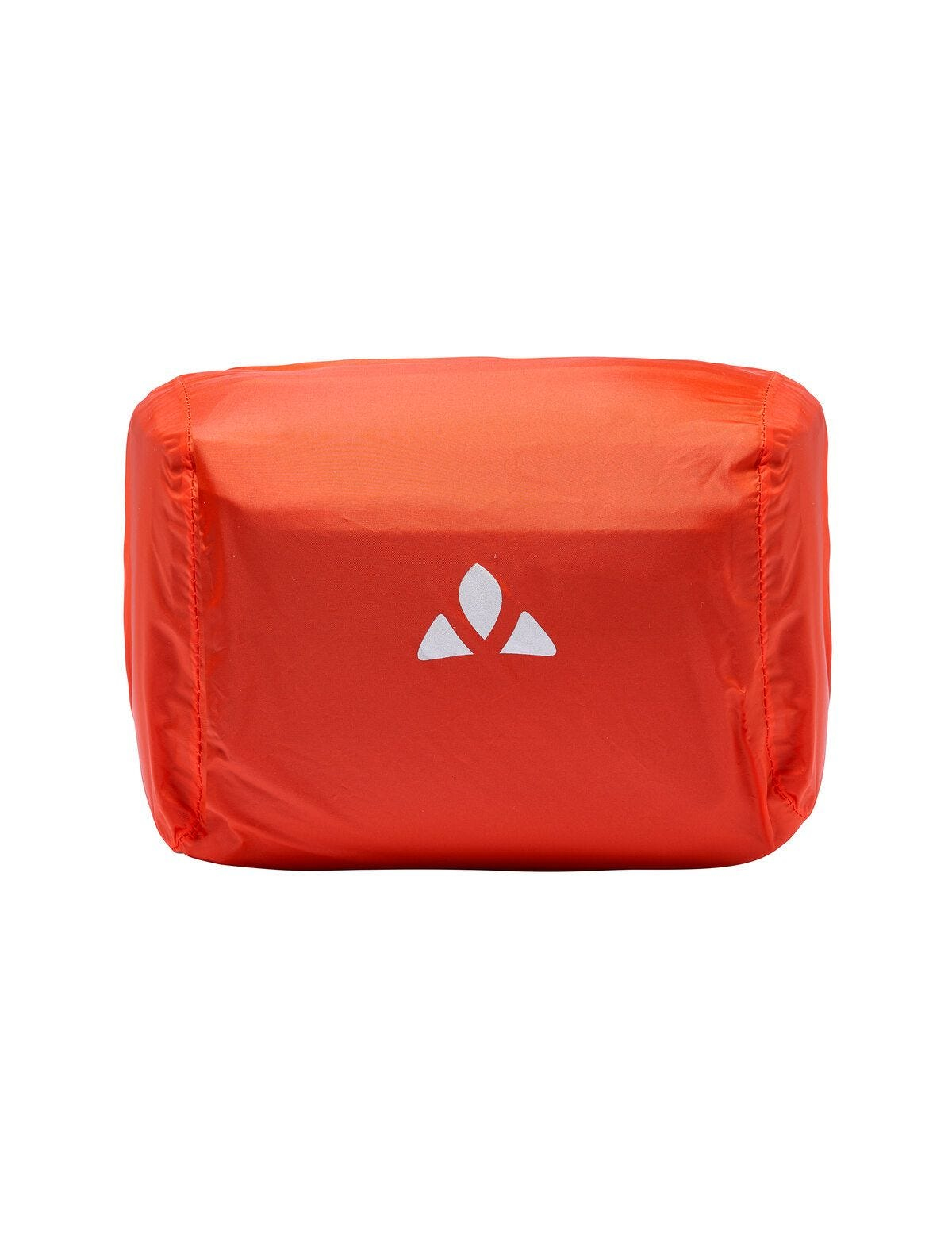 Orangefarbene Tasche mit weißem Logo auf weißem Hintergrund.