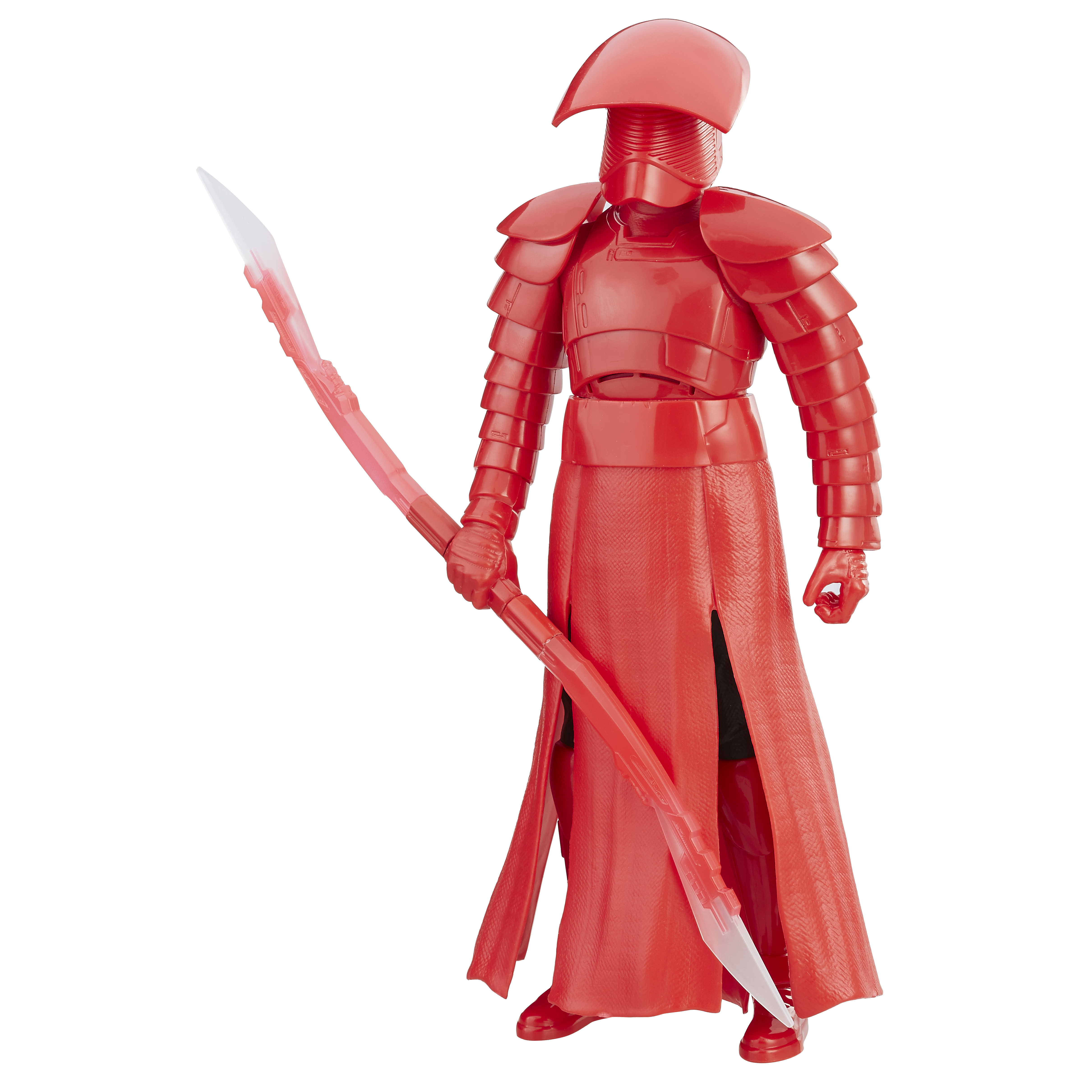 Una figura rossa in armatura che tiene un'arma simile a una spada laser.