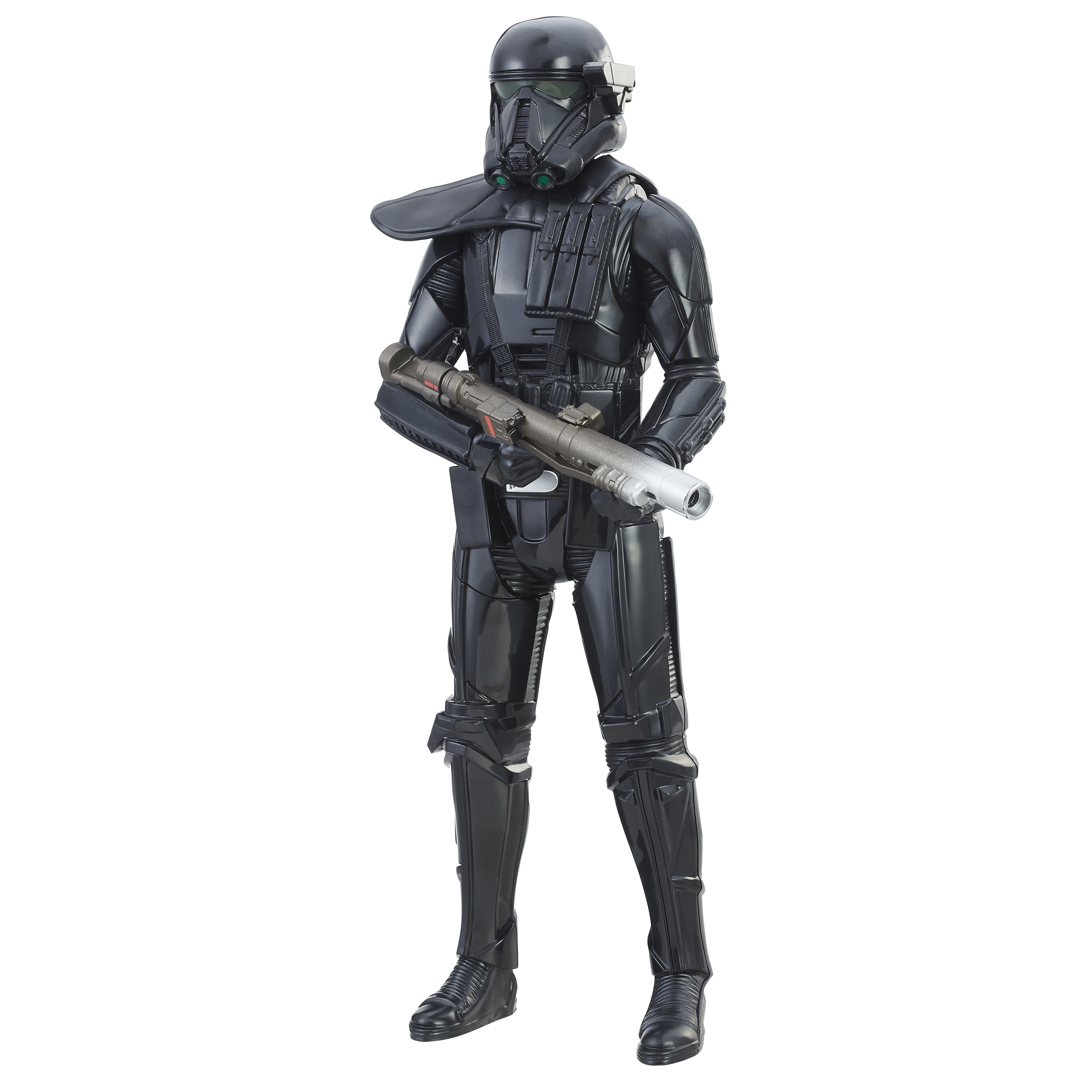 Una figura di Star Wars nera in armatura, che tiene un blaster, in piedi su uno sfondo luminoso.