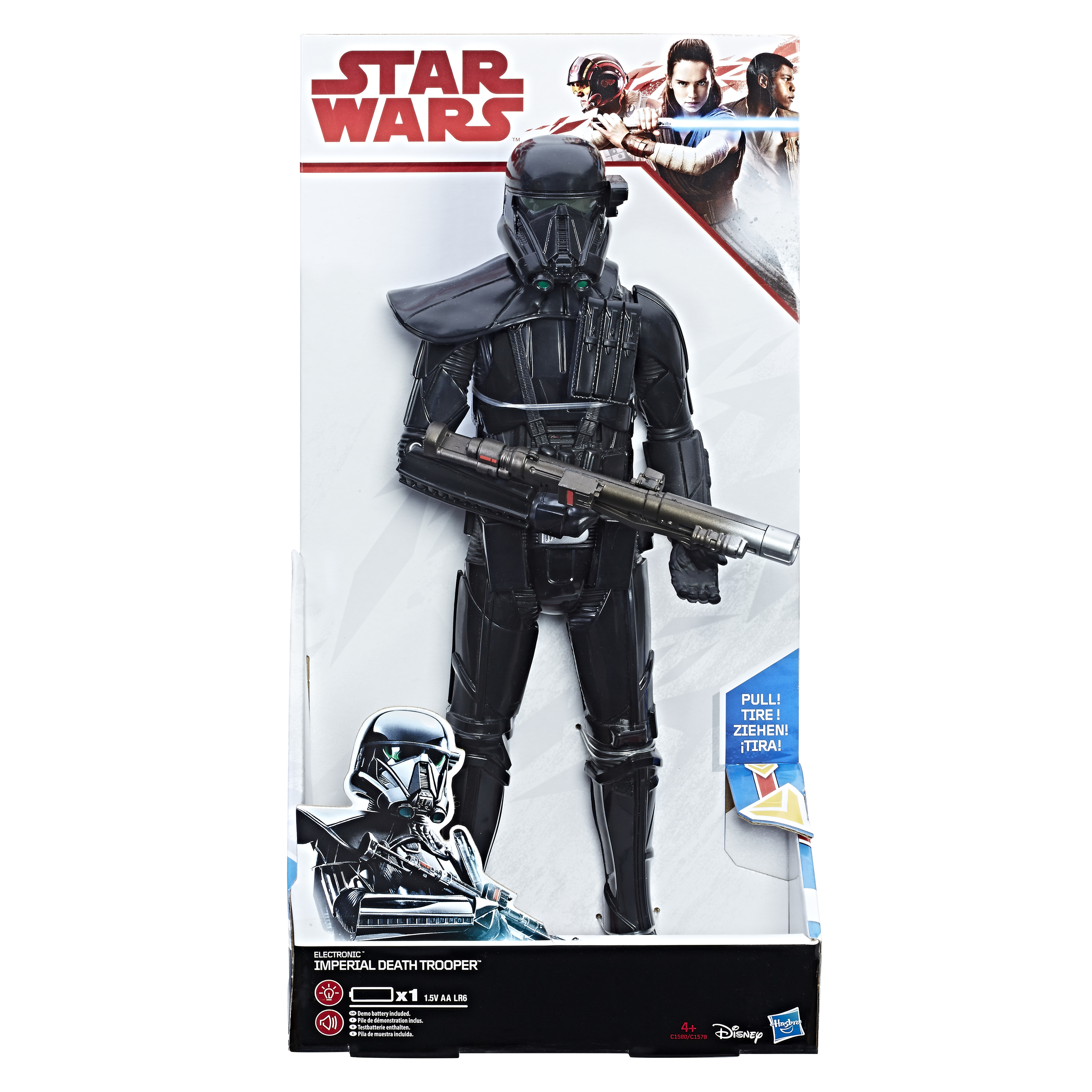 Una statuetta nera di Imperial Death Trooper in una scatola. La scatola ha il marchio Star Wars e Disney.