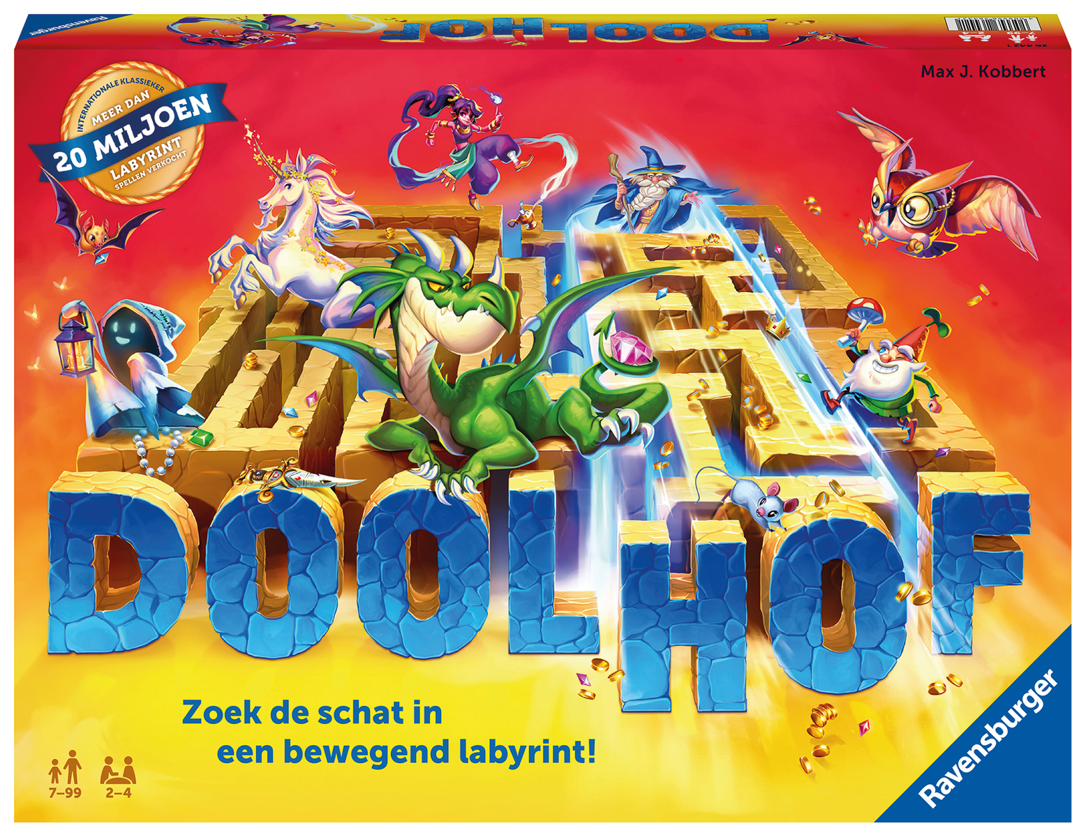 Bordspelbox met een doolhof. Draak, tovenaar en andere fantasiekarakters zijn te zien.