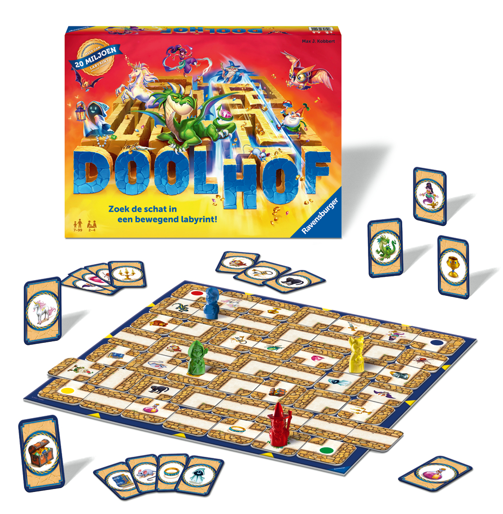Bordspel met een doolhof, karakters en kaarten. Tekst in het Nederlands.