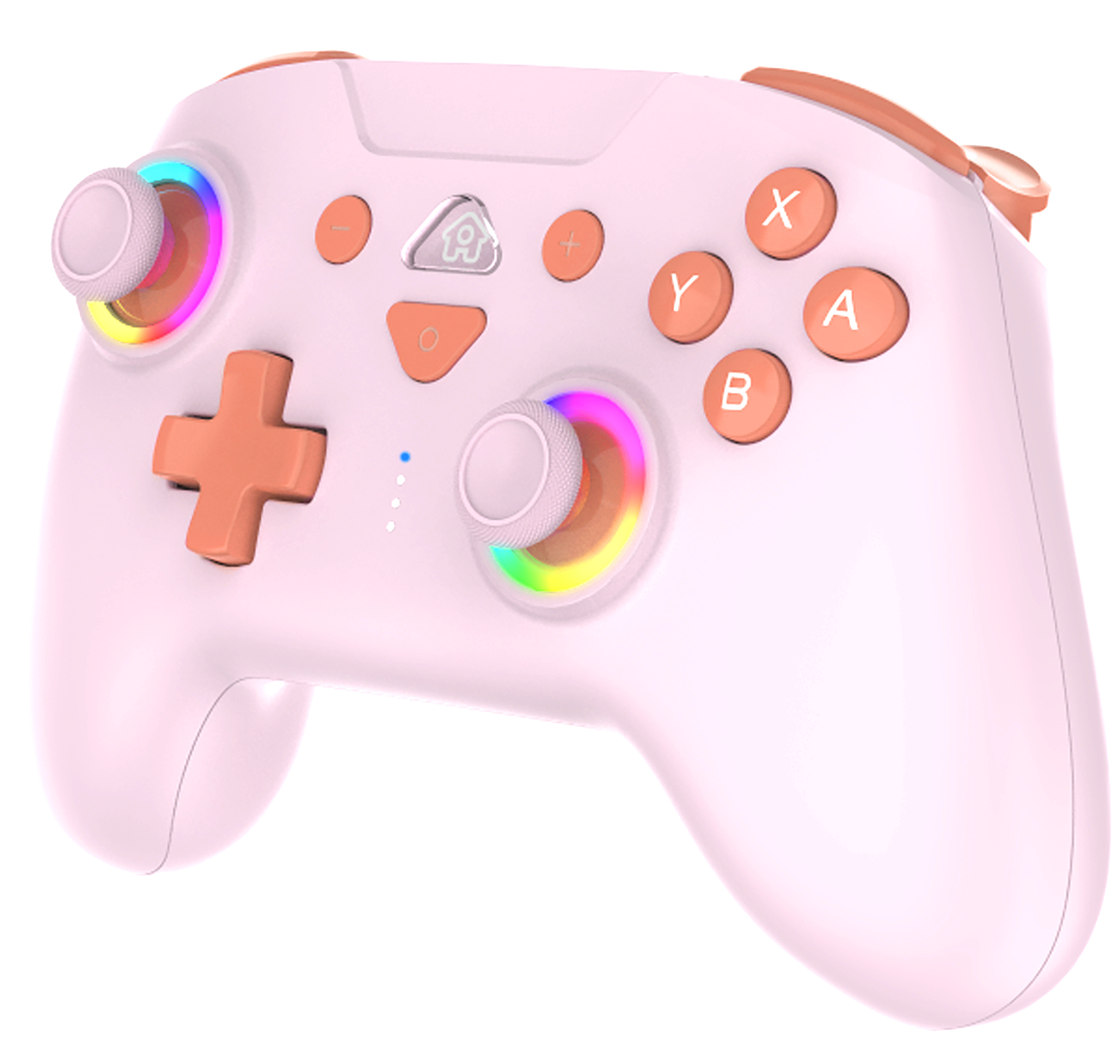 Pinker Gamecontroller mit orangefarbenen Knöpfen und Joysticks mit Regenbogenbeleuchtung.