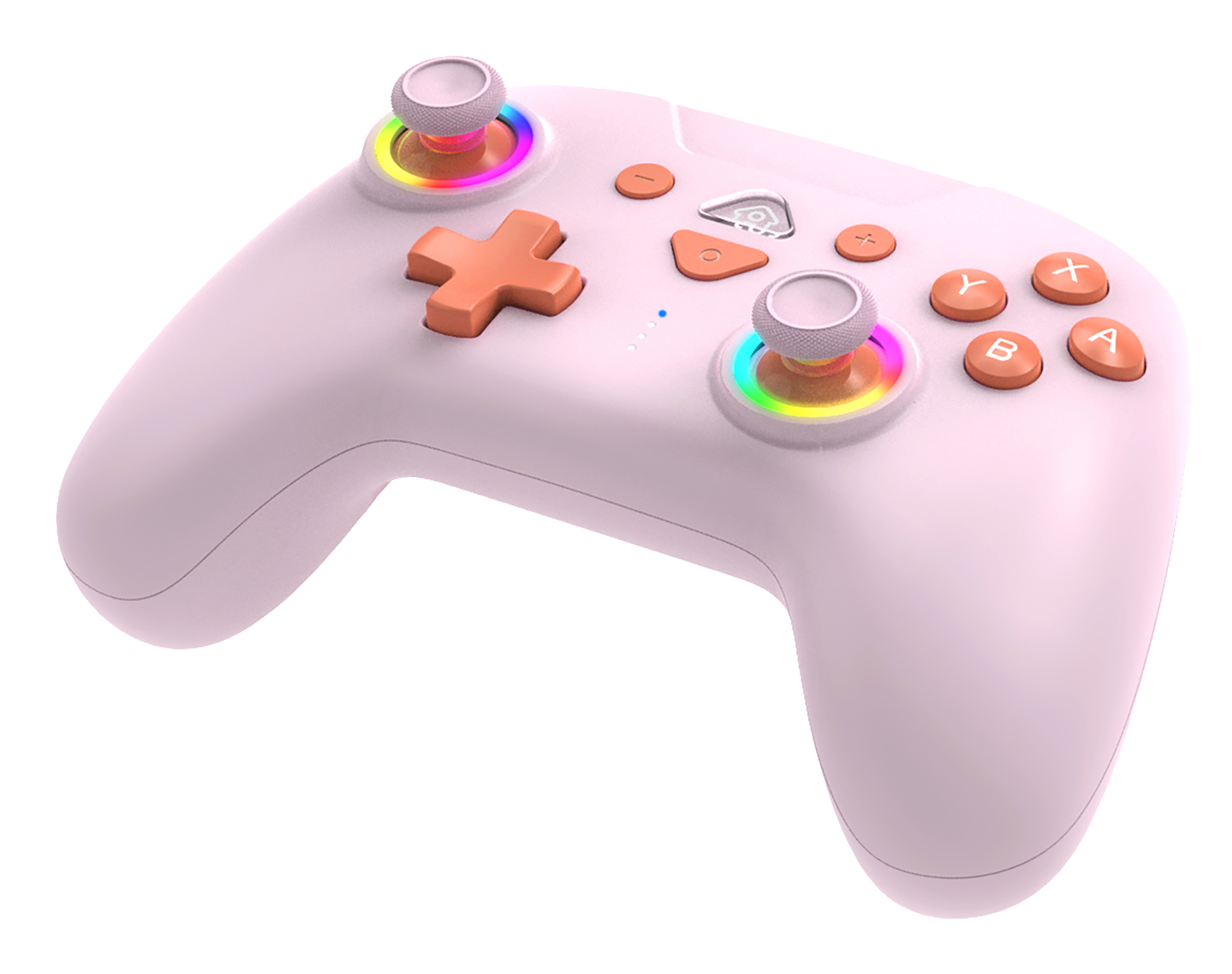 Rosa und orangefarbener Videospiel-Controller. Hat farbenfrohe Lichtringe um die Daumensticks.
