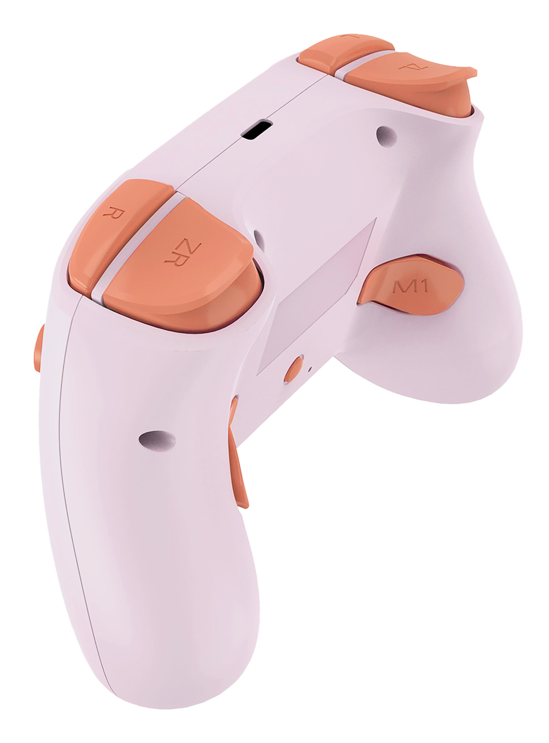 Rückseite eines rosa und orangefarbenen Videospiel-Controllers. Hat Schultertasten und Trigger.