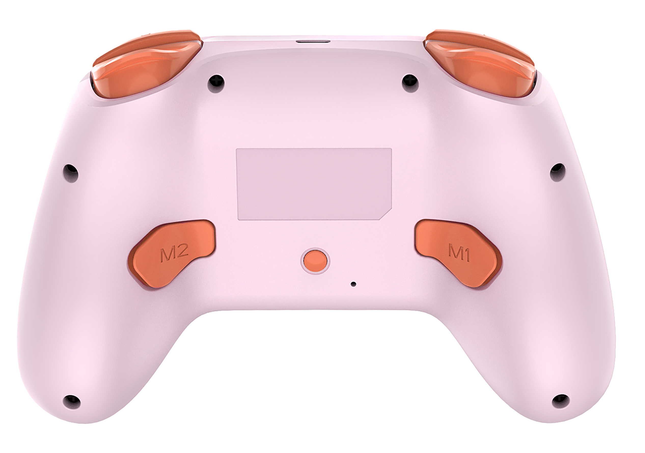 Rückseite eines rosa Gamecontrollers mit orangefarbenen Knöpfen und strukturierten Griffen.