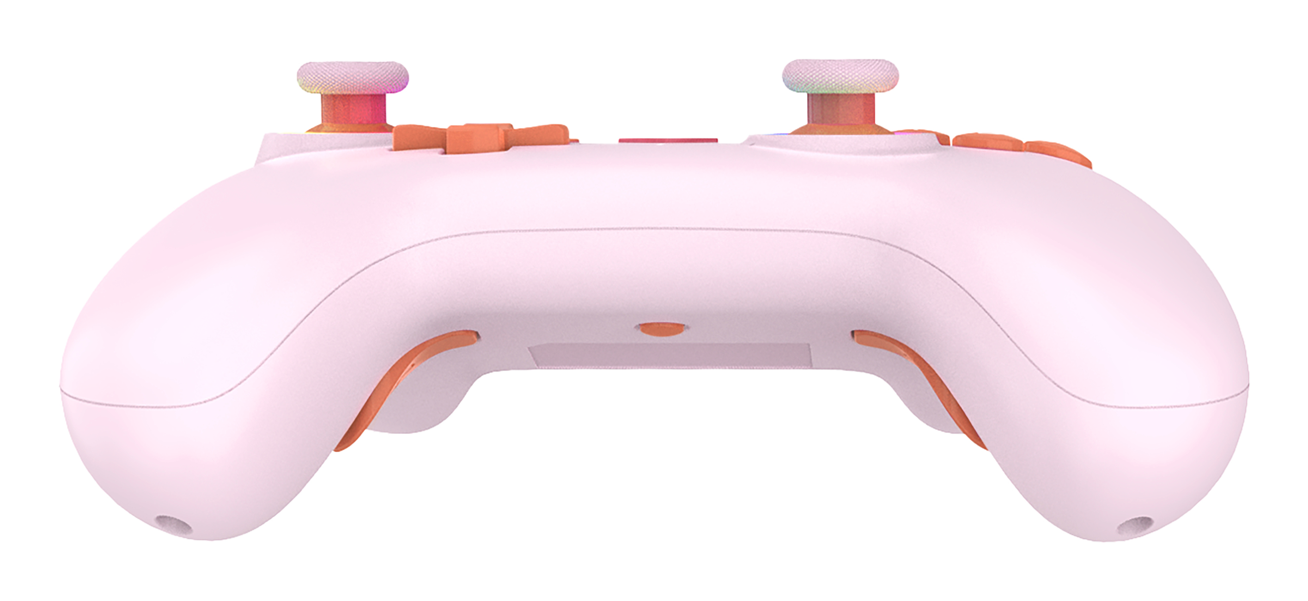Rosa-orange Gamecontroller. Zwei Joysticks, Knöpfe und ein ergonomisches Design.