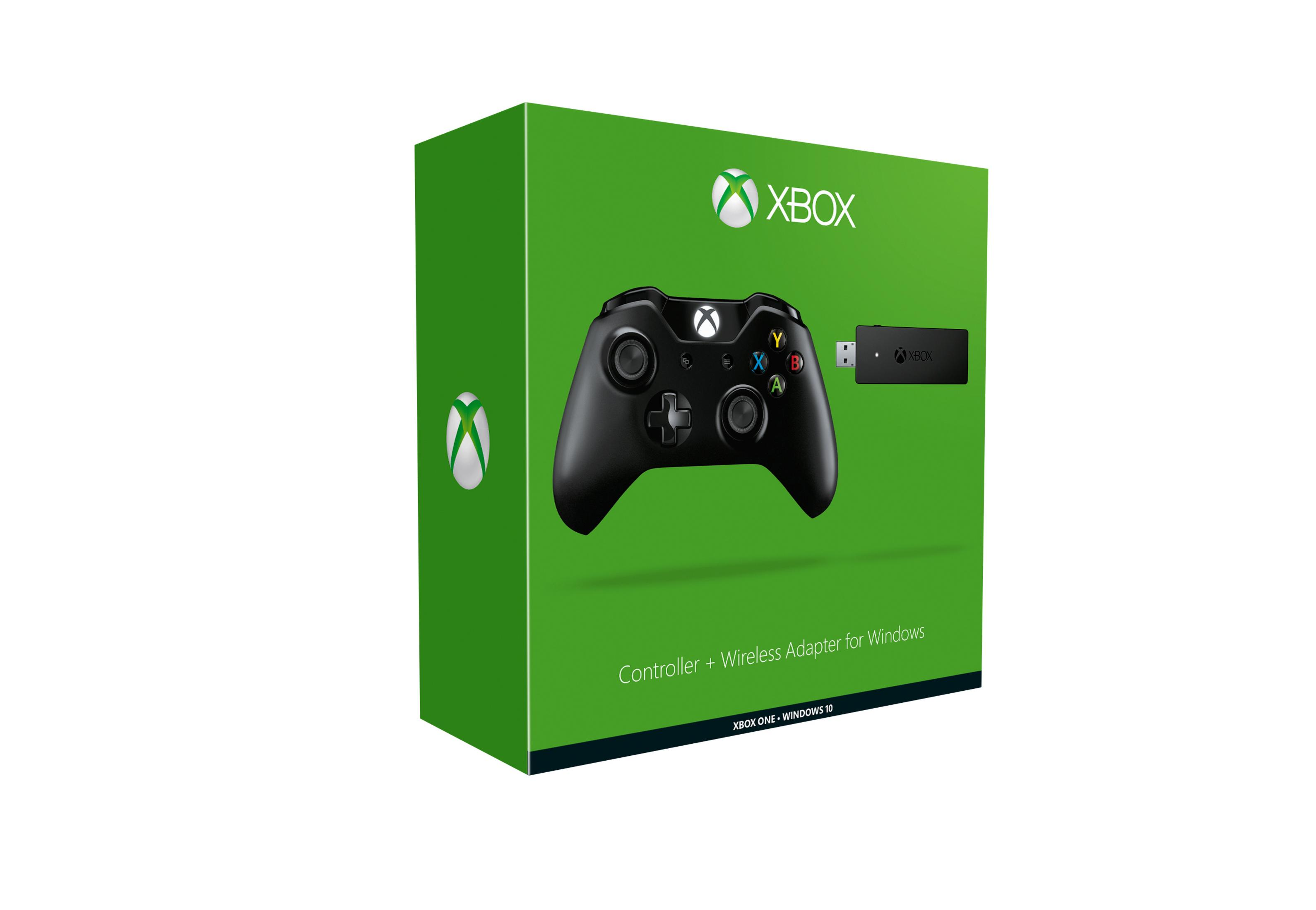 Box für Xbox-Controller und Wireless-Adapter. Grüne Box mit Xbox-Logo und Controller-Bild.