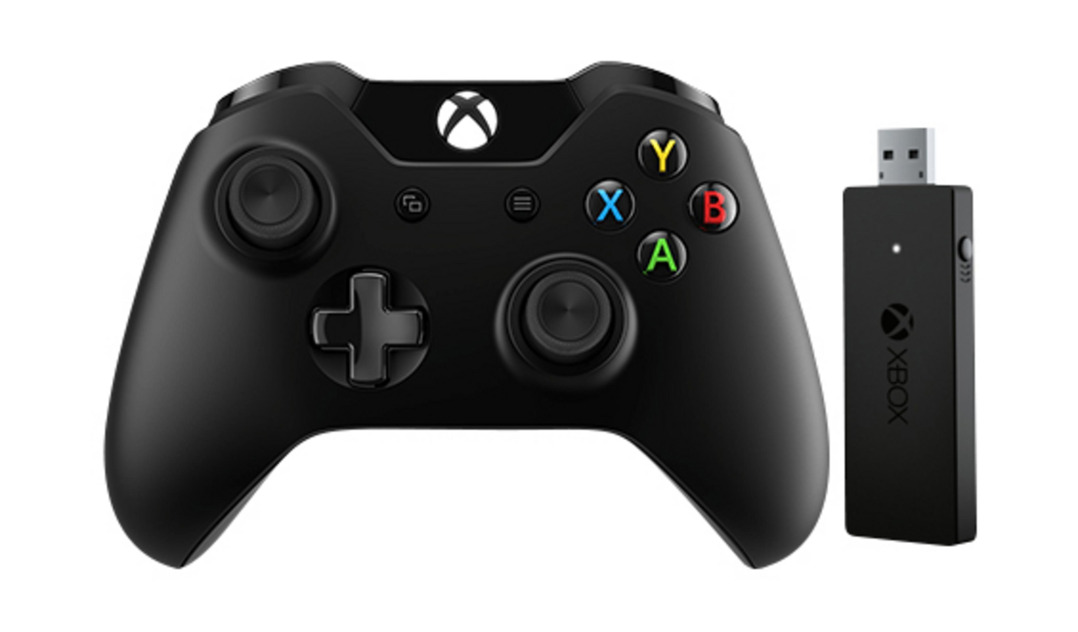 Schwarzer Xbox-Controller und Wireless-Adapter. Tasten, Daumen-Sticks und Adapter sind sichtbar.