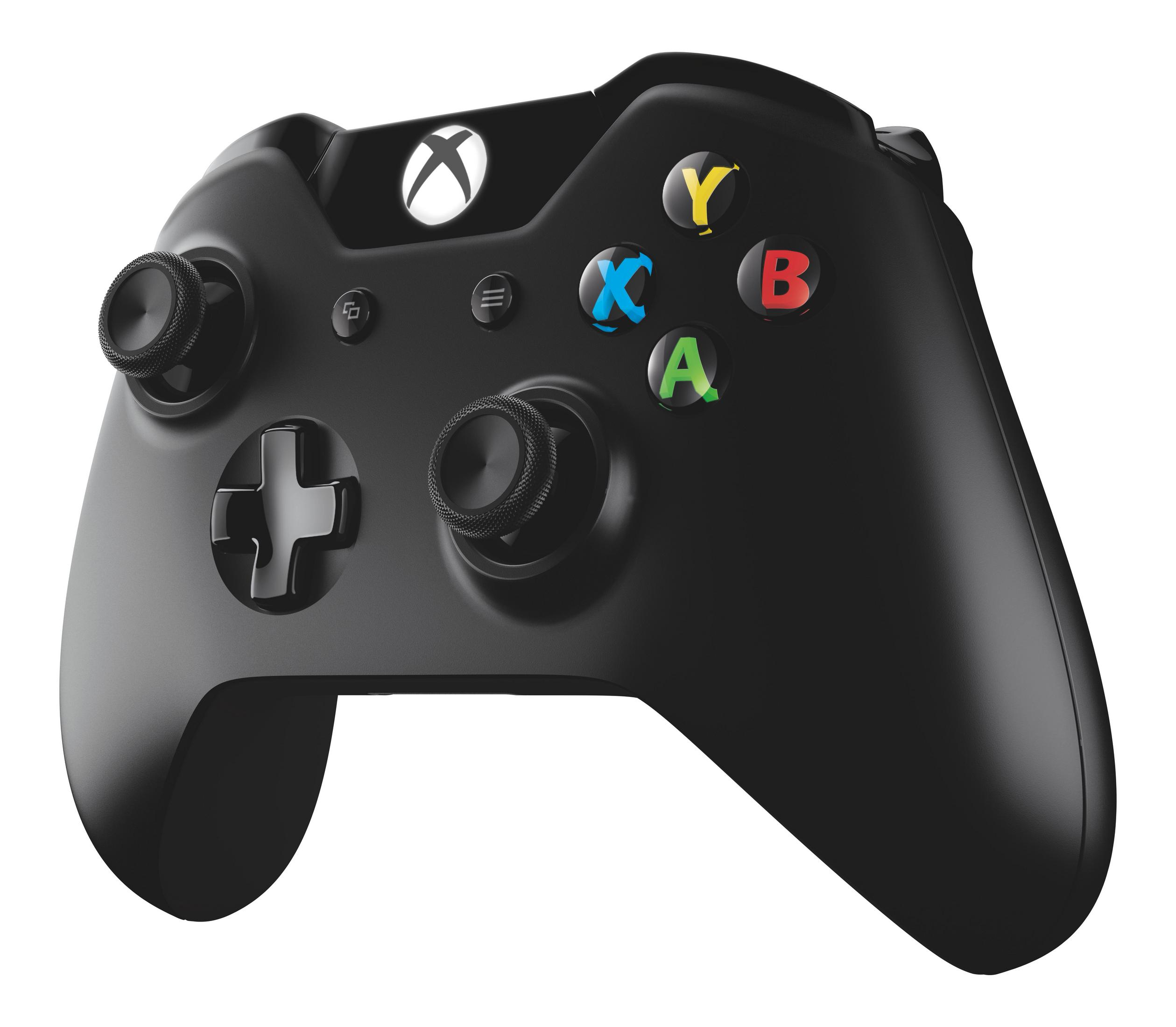 Schwarzer Xbox-Controller. Zwei Joysticks, Steuerkreuz, bunte Knöpfe.