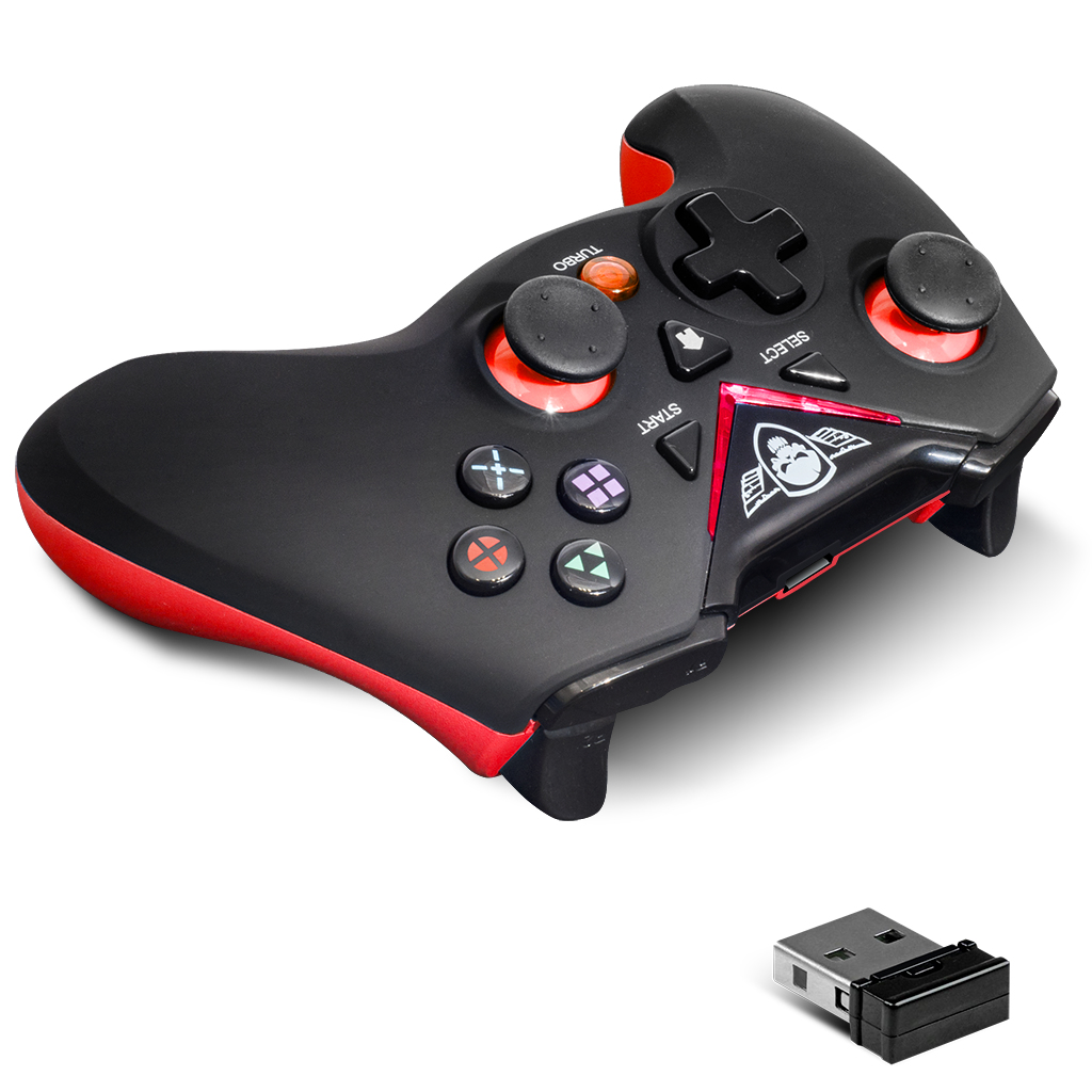 Czarny i czerwony gamepad. Przyciski i design. Odbiornik USB. Białe tło.