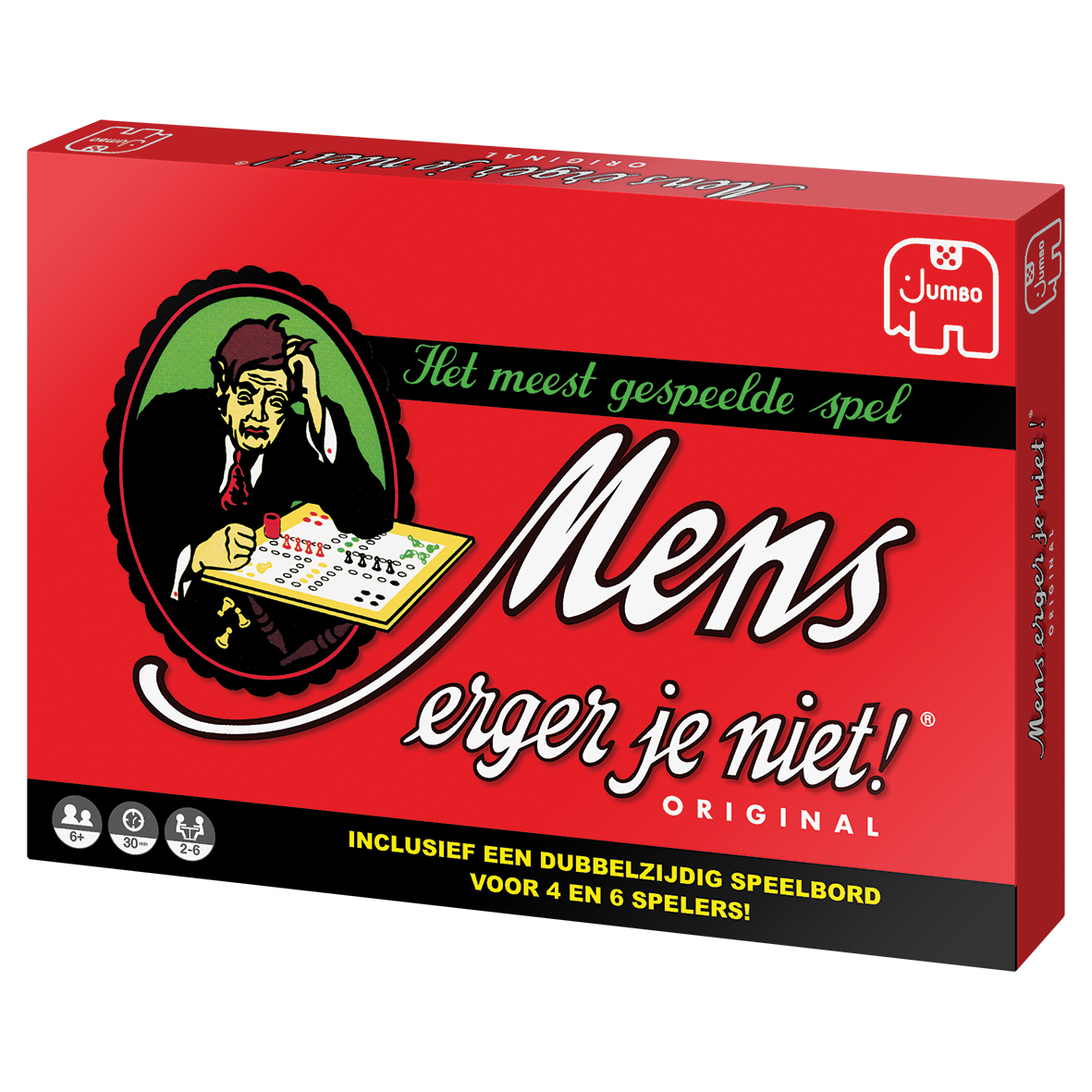 Caja de juego de mesa roja con ilustraciones de un hombre y piezas de juego, con texto en holandés.
