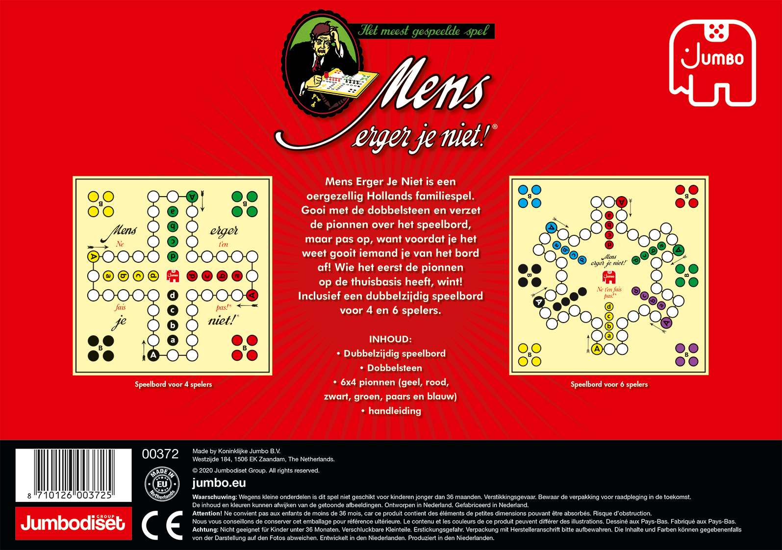 La parte trasera de la caja del juego de mesa 'Mens erger je niet!', con detalles del tablero de juego.