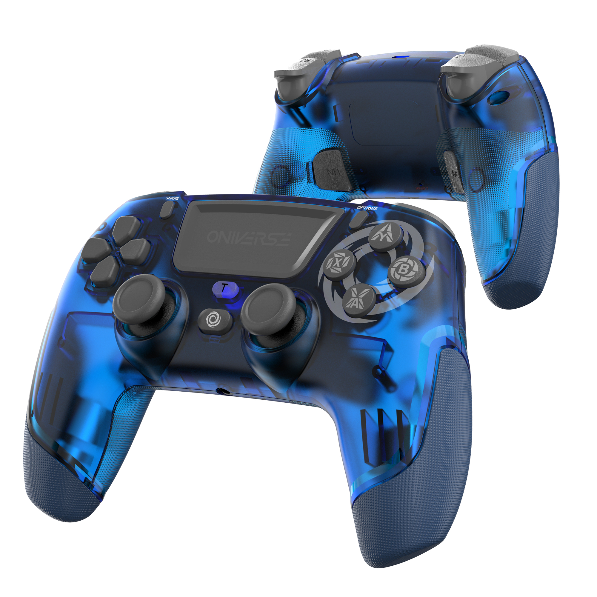 Controller di gioco blu trasparente con pulsanti, levette e un logo.