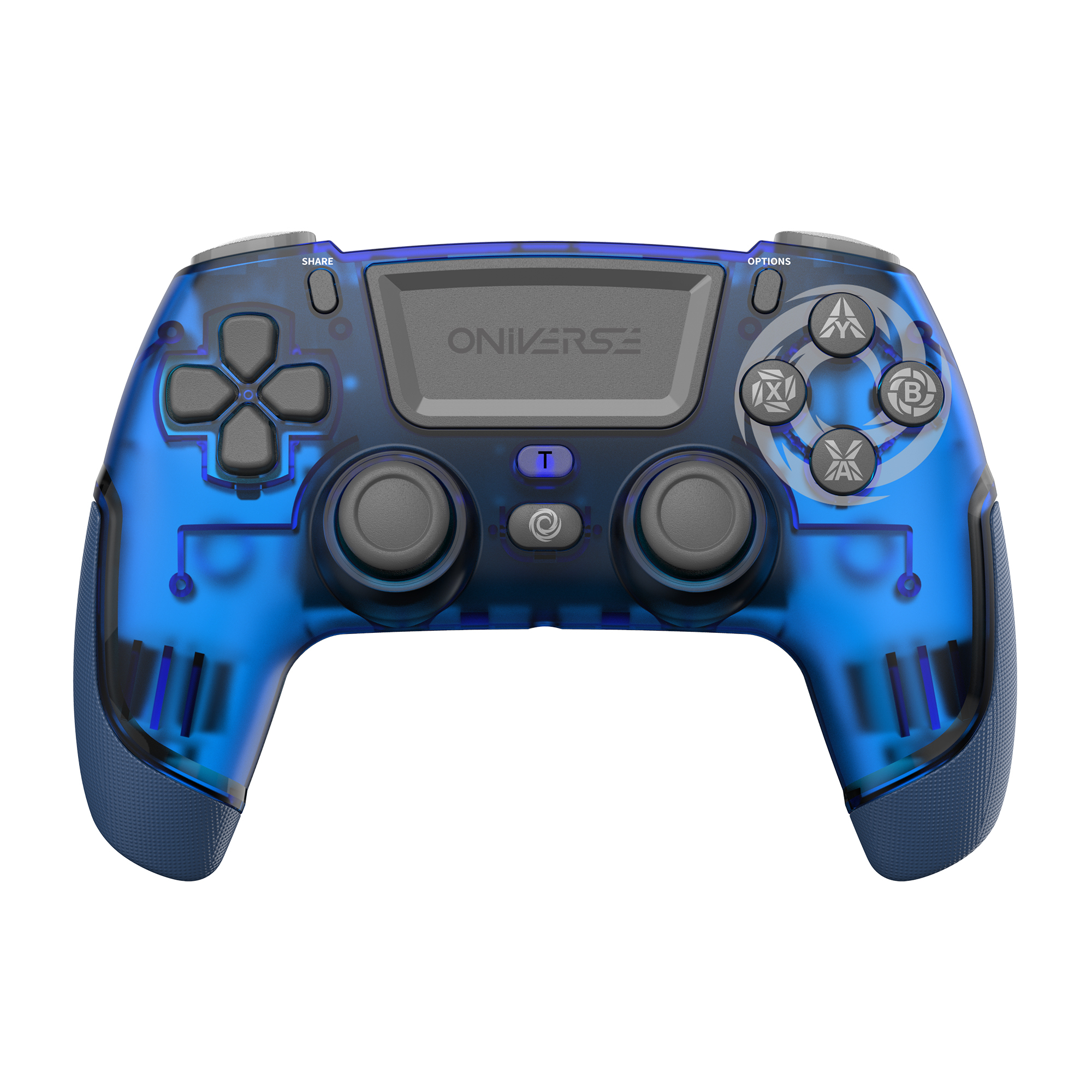 Controller di gioco blu traslucido con pulsanti, levette e la parola ONIIVERSE.