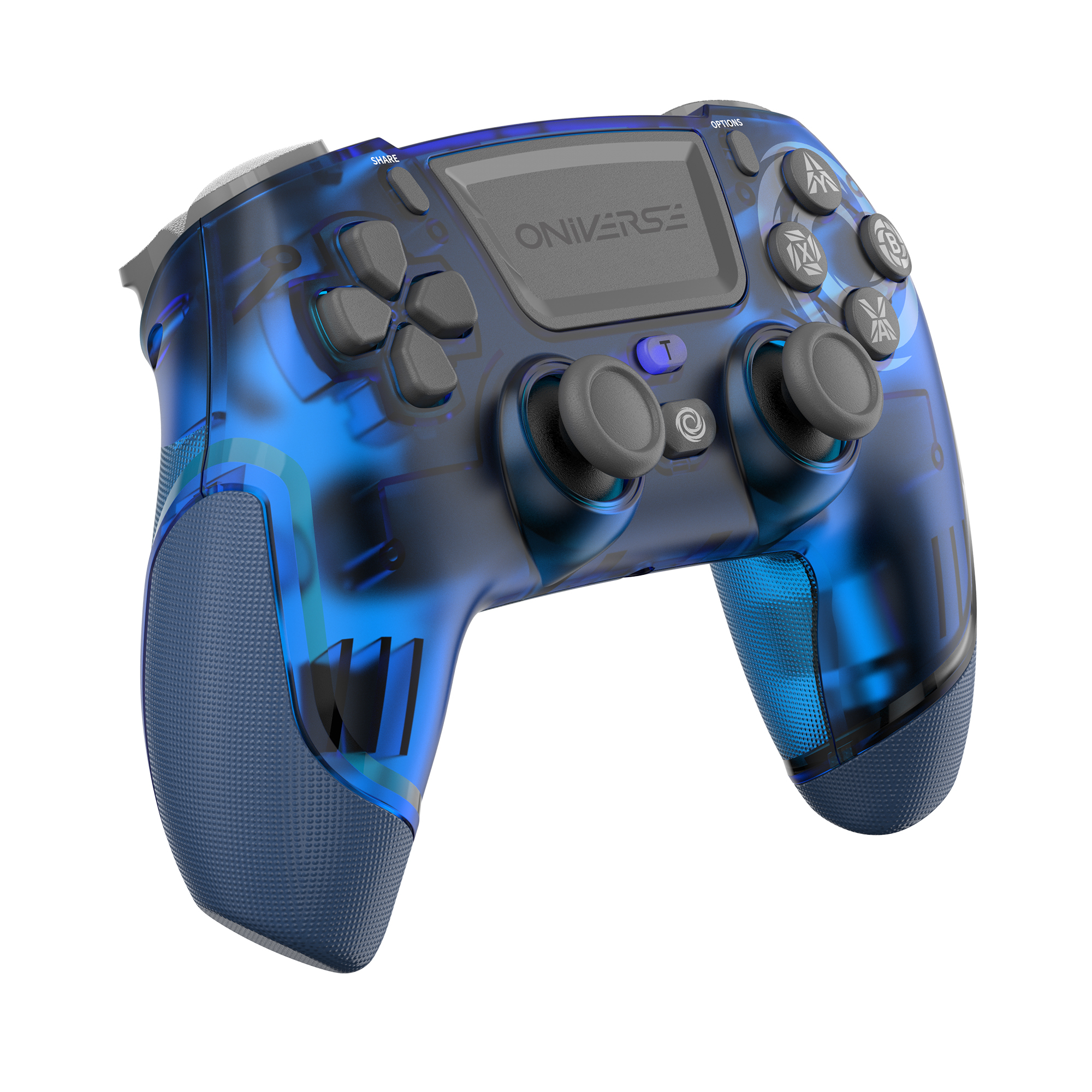 Un controller di gioco blu con plastica trasparente e molti pulsanti.