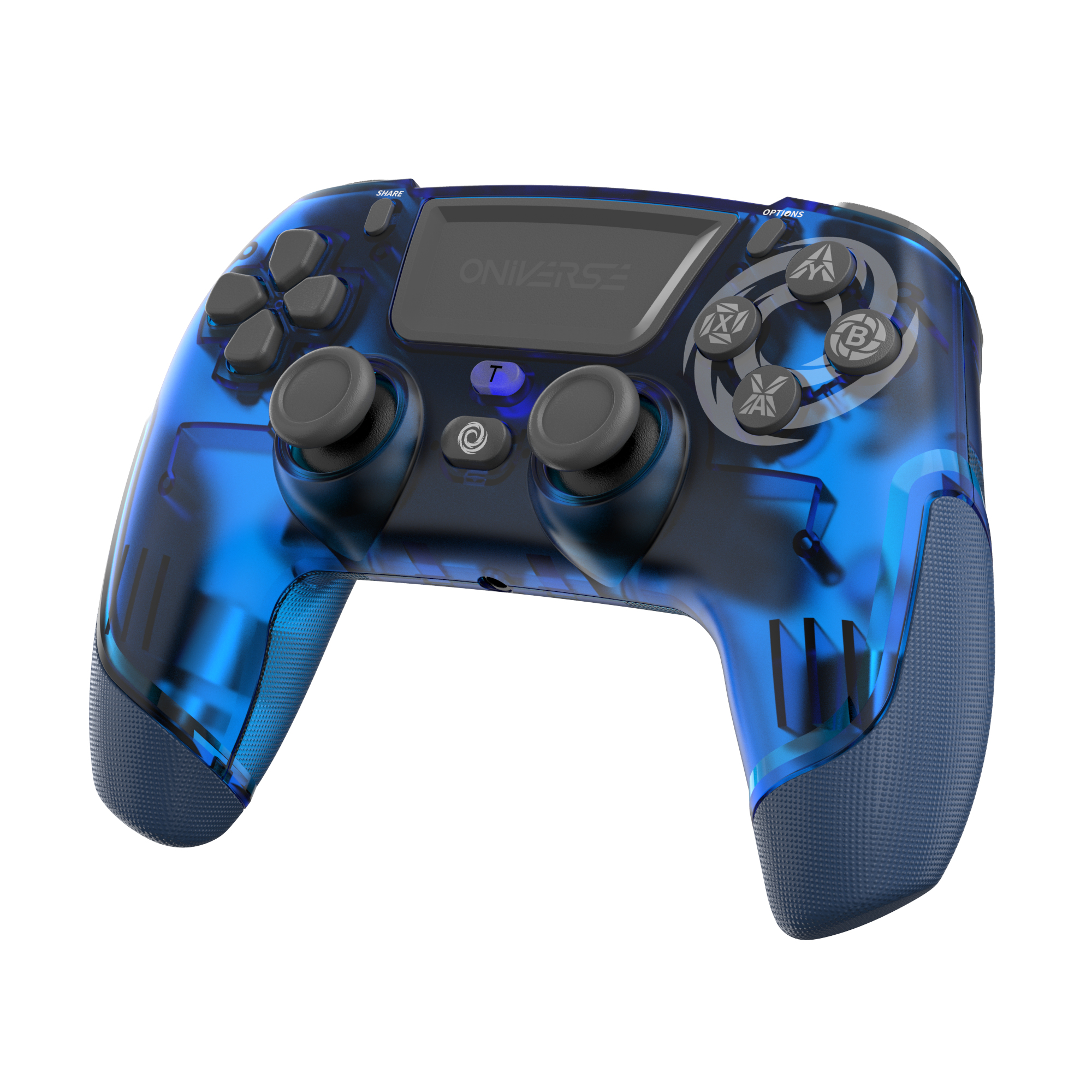 Controller di gioco blu trasparente con pulsanti e un logo.