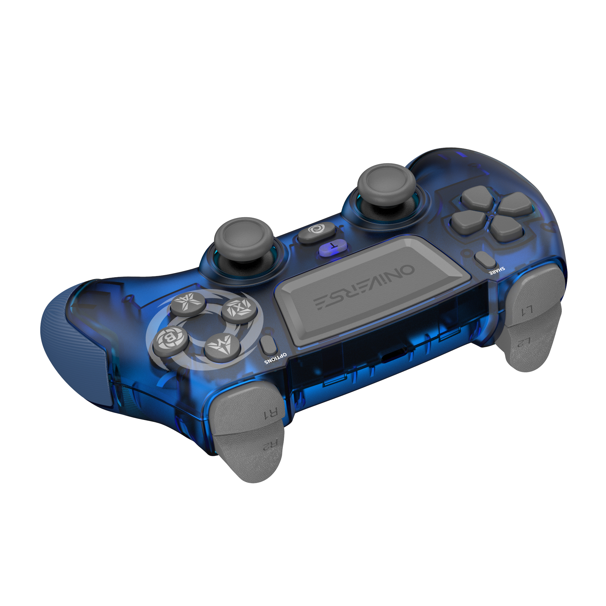 Scatto angolato di un controller di gioco blu traslucido con pulsanti e levette.