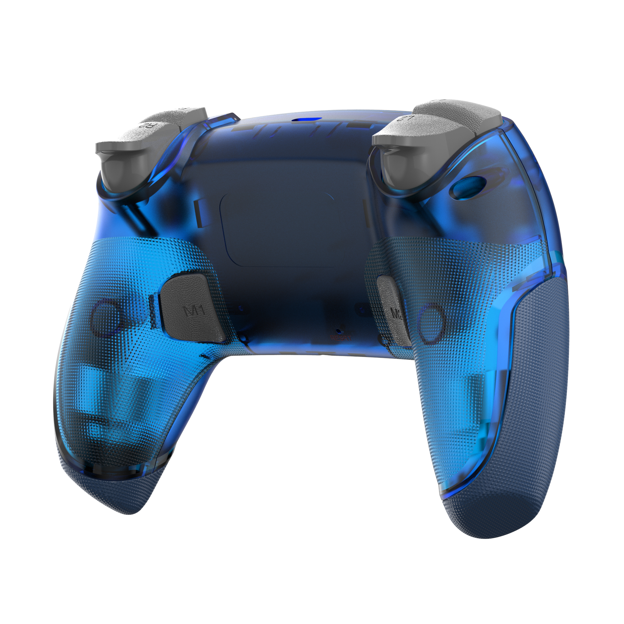 Vista posteriore di un controller di gioco blu traslucido con pulsanti e pulsanti M1, M2.