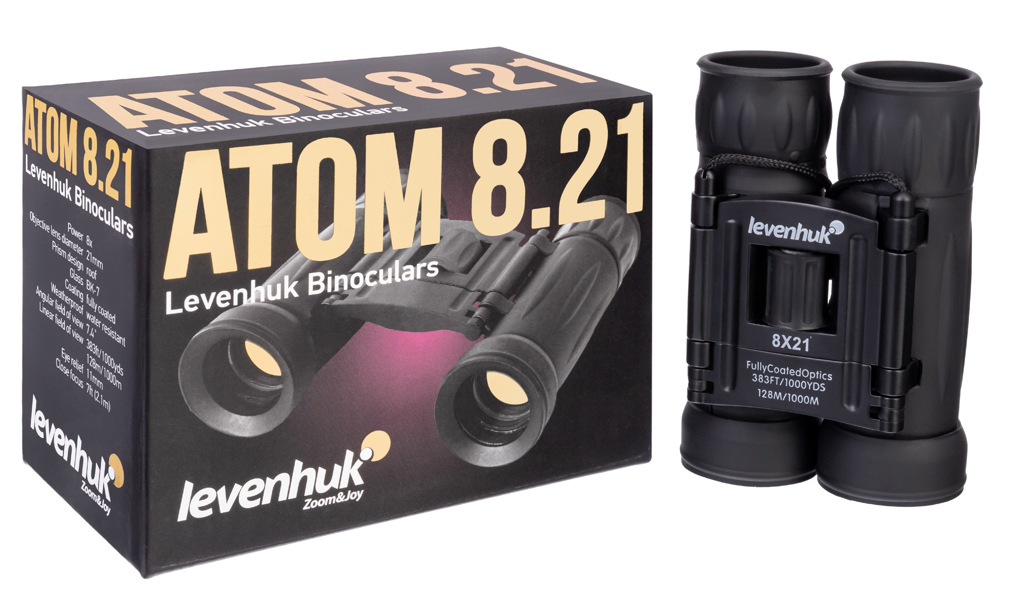 Binocolo in una scatola. Binocolo nero e una scatola nera e gialla con testo sopra.