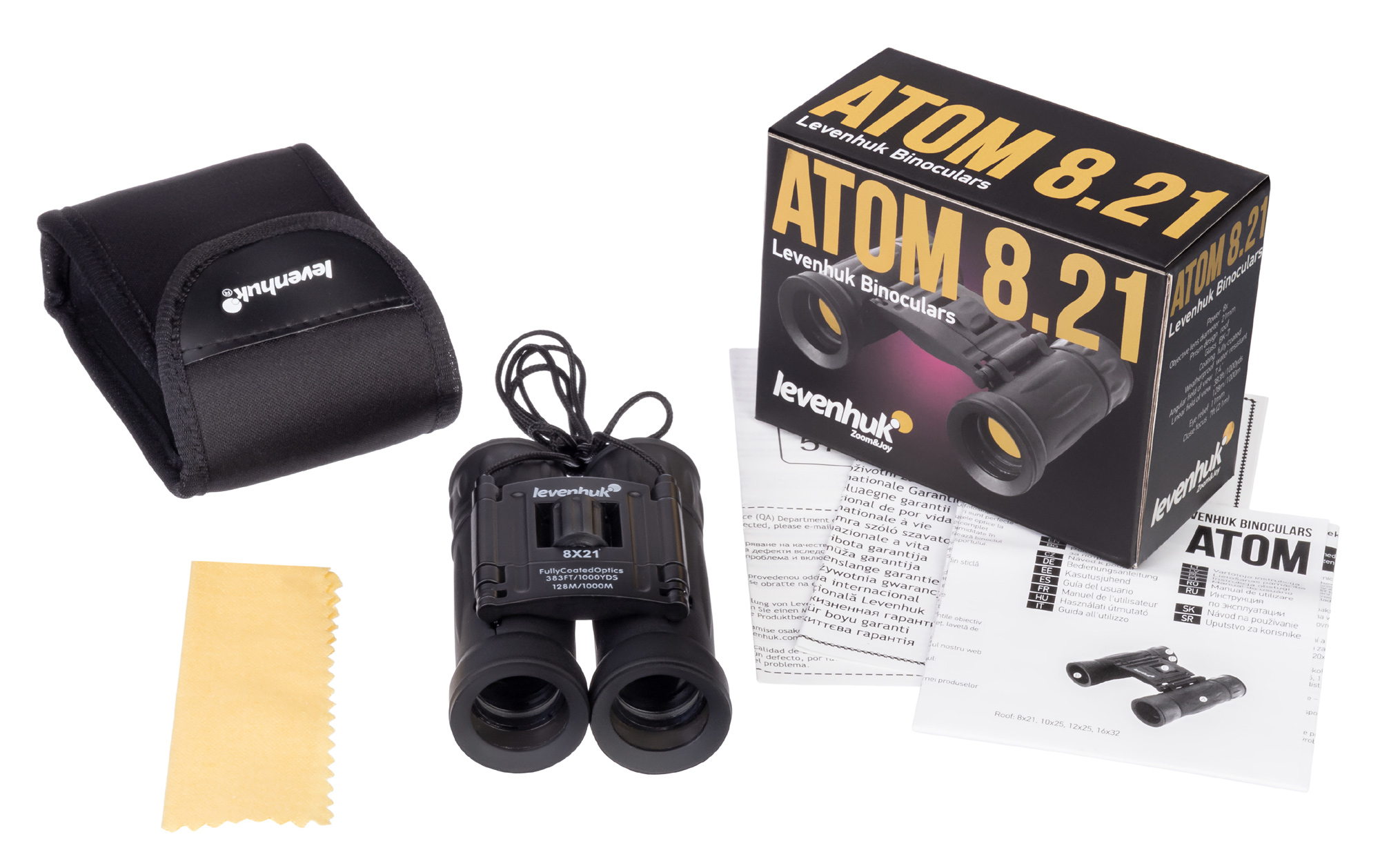Binocolo Levenhuk Atom 8x21 con custodia nera e panno per la pulizia, su sfondo bianco.
