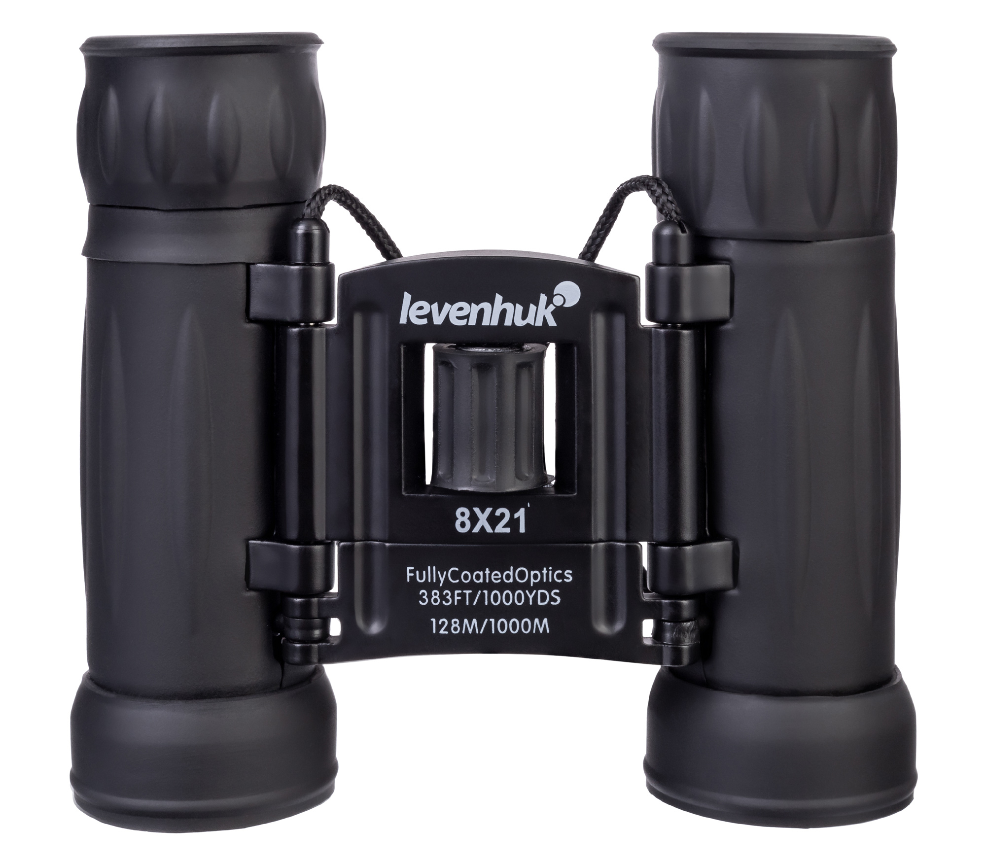 Binocolo Levenhuk 8x21 nero con testo sul davanti. Sfondo bianco.