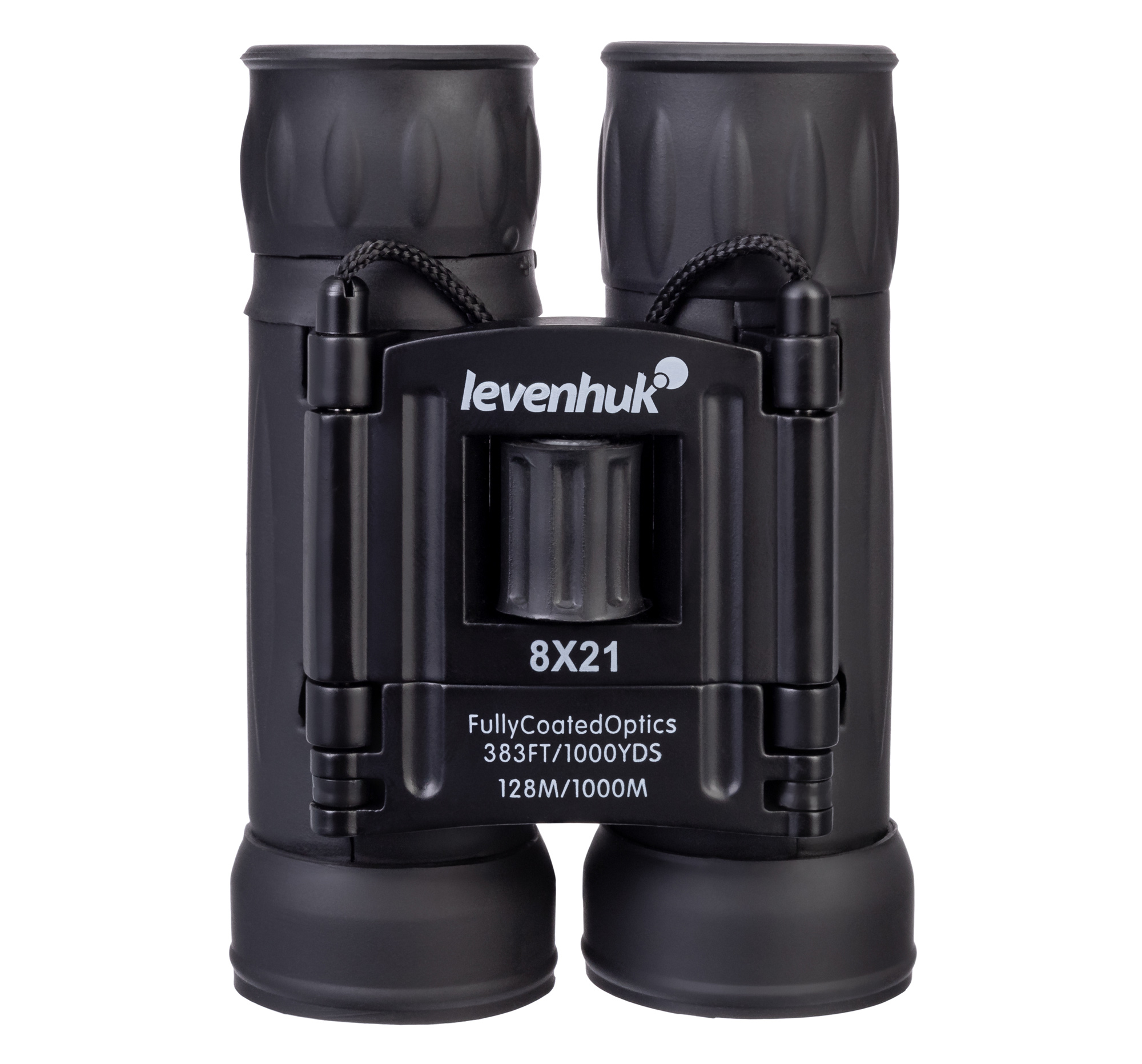 Binocolo nero con '8x21' e logo Levenhuk. Ottiche completamente rivestite.