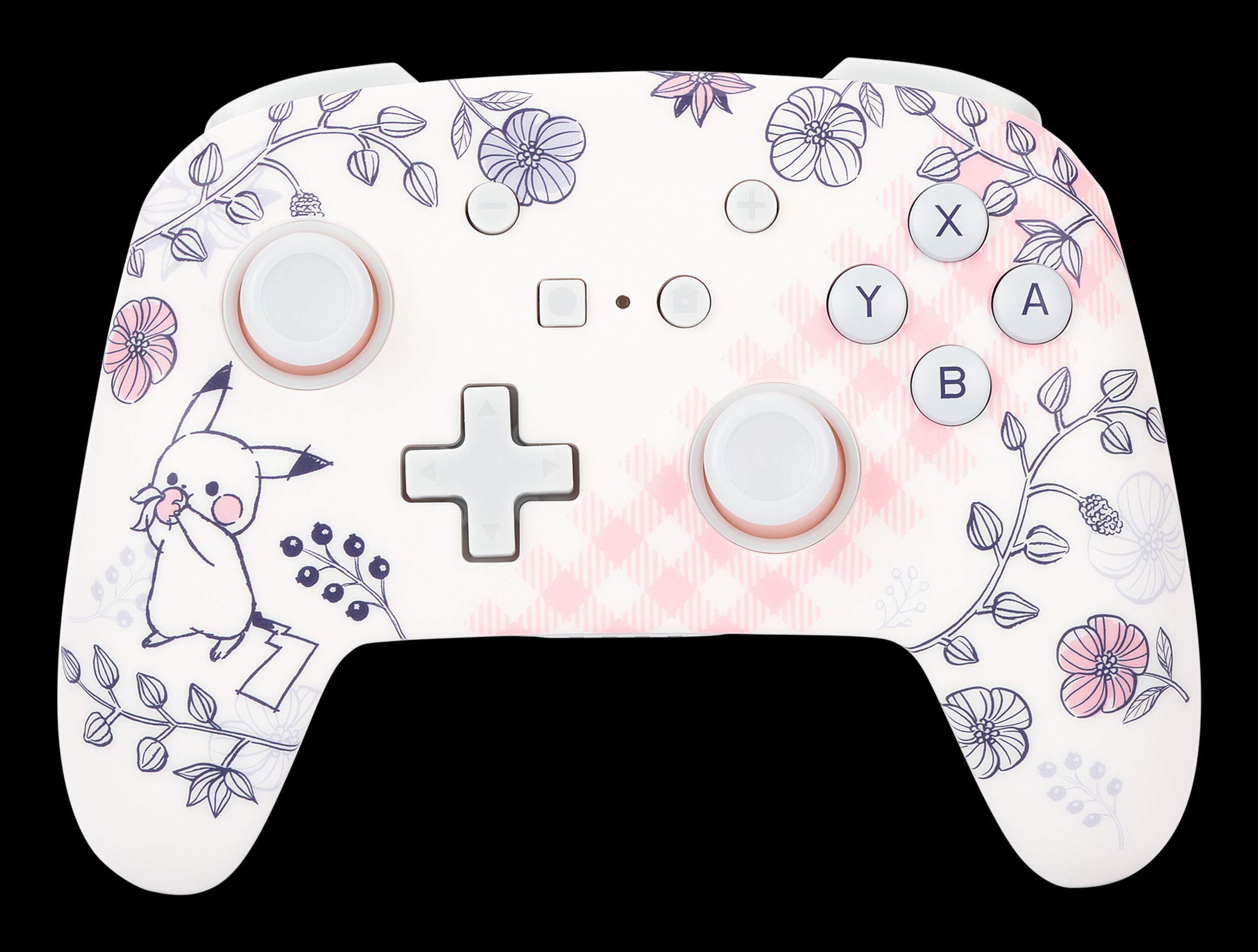 Kontroler do gier z kwiatowym wzorem i ilustracją Pikachu, z białymi przyciskami i różową obudową.