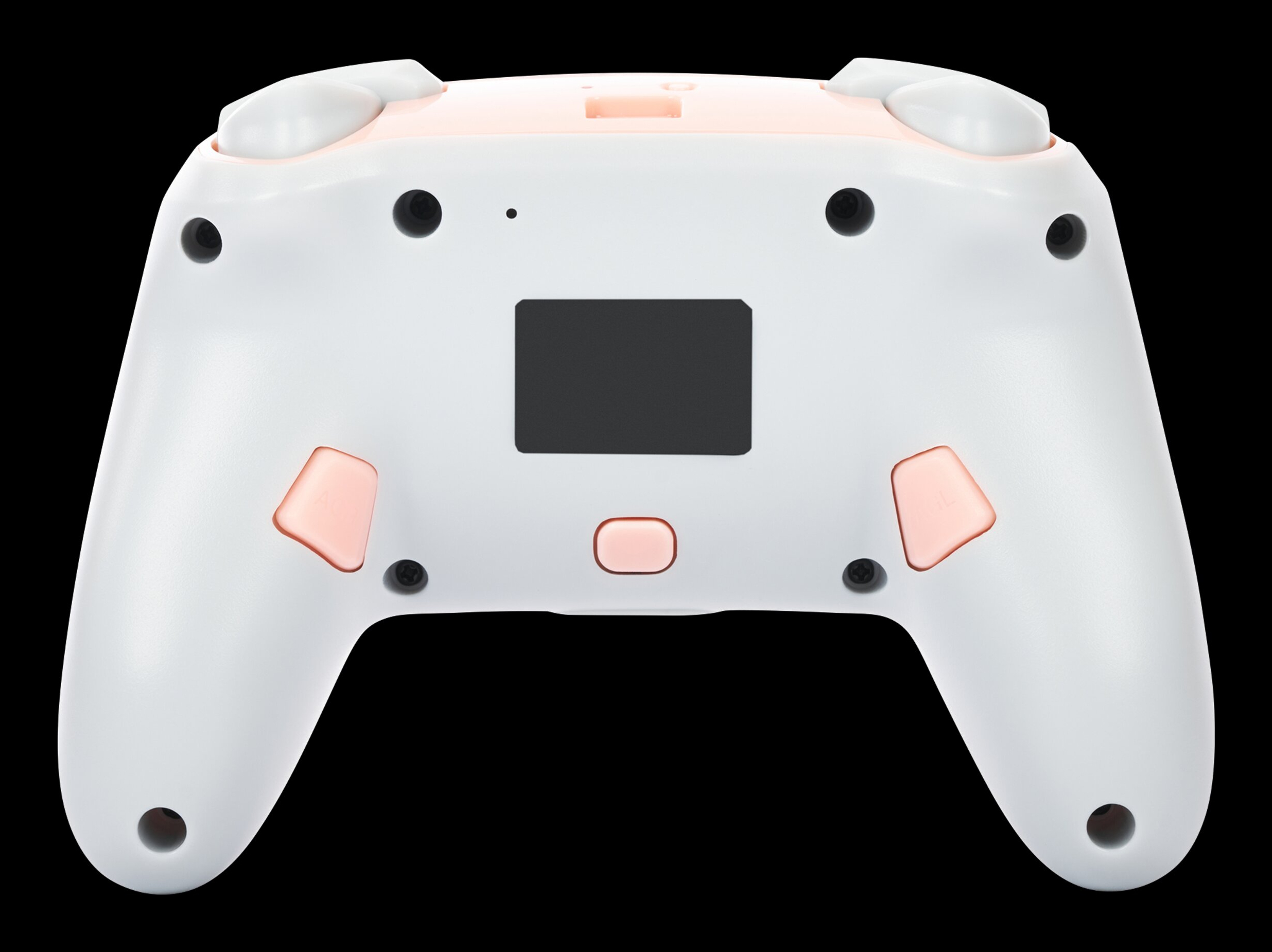 Biało-różowy kontroler do gier, widok z tyłu. Ma kilka przycisków i czarny ekran.
