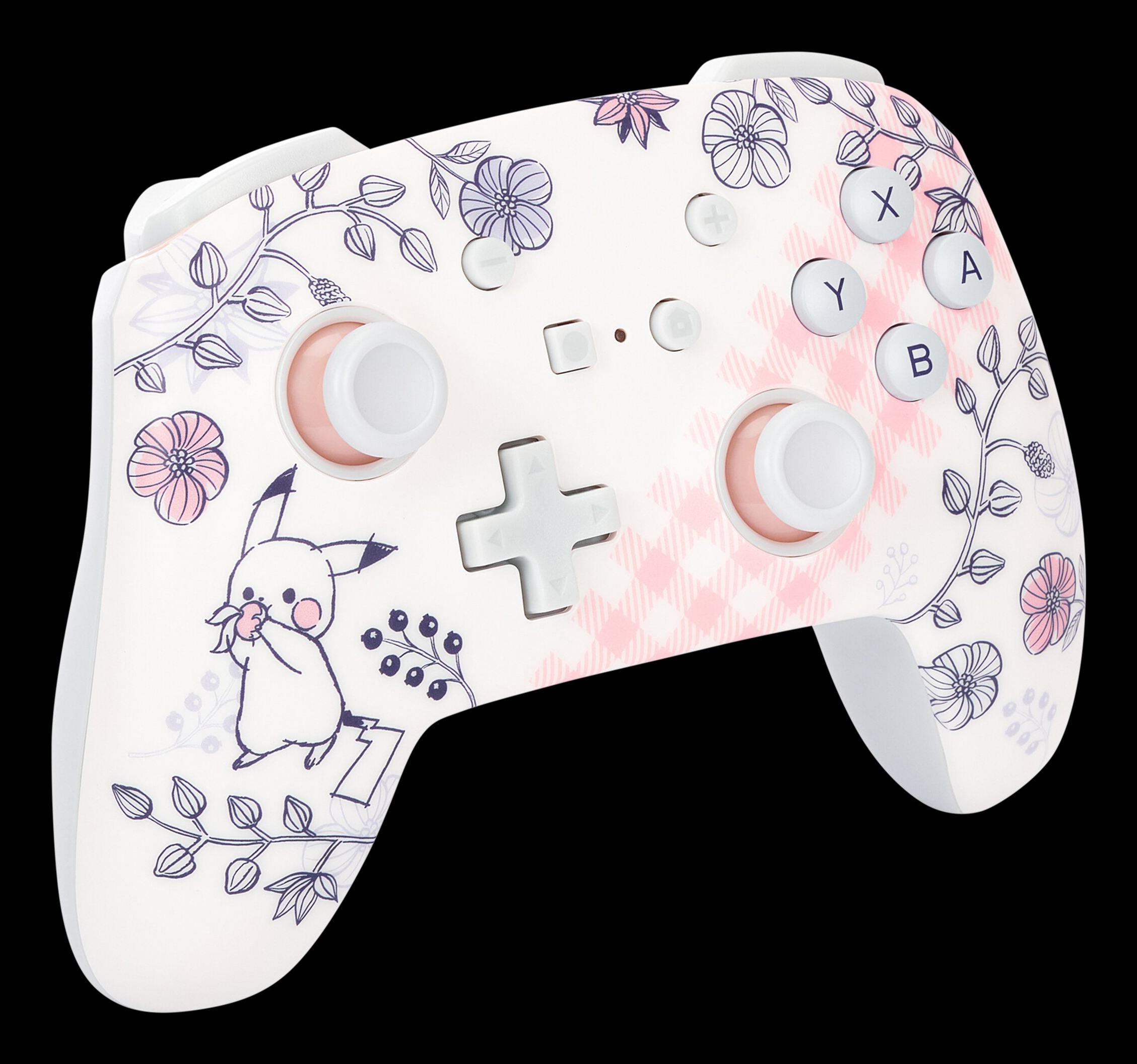 Biało-różowy kontroler Nintendo Switch z Pikachu i kwiatowym wzorem. Przyciski: X, Y, A, B, przycisk w kształcie krzyża.
