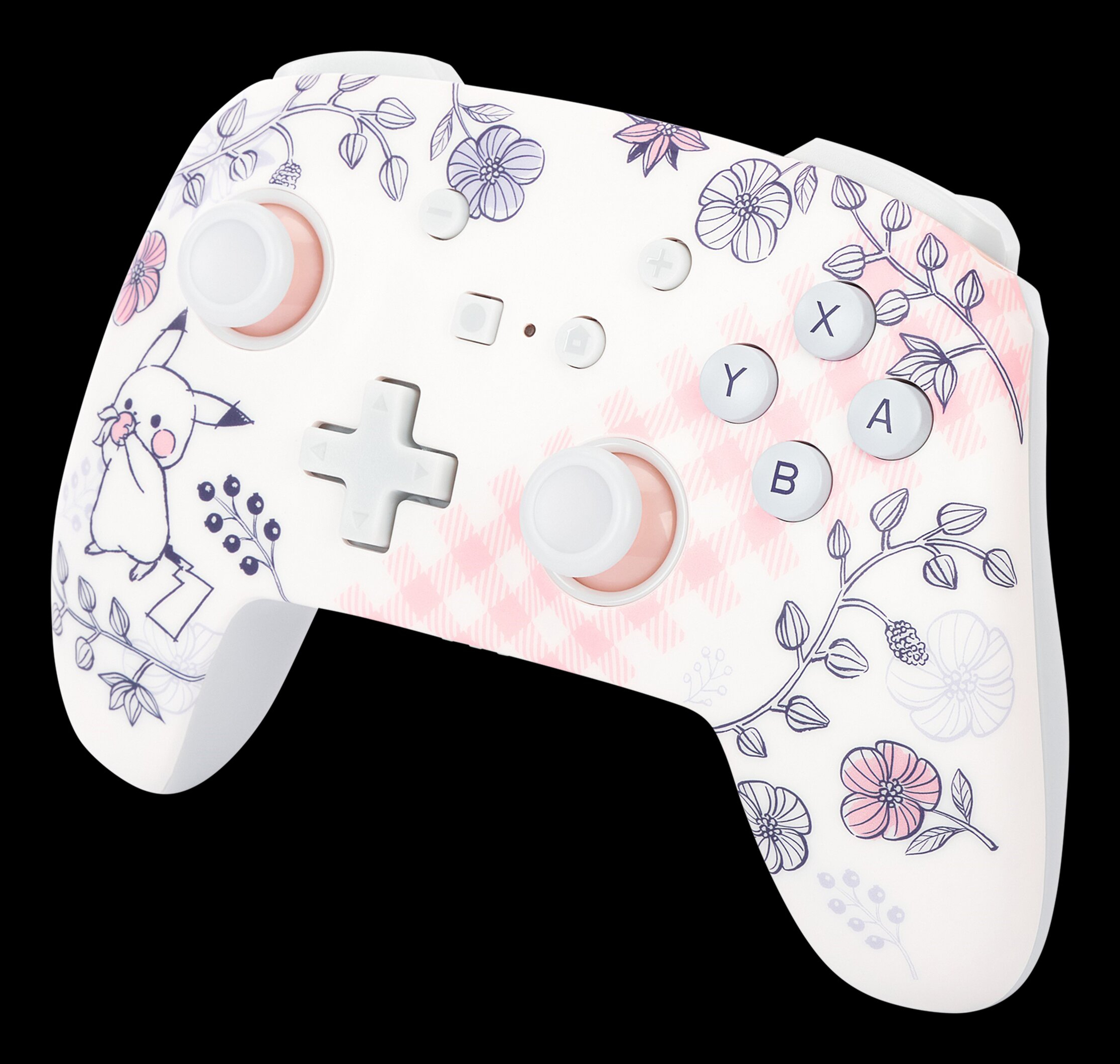 Kontroler do gier z kwiatowym wzorem i ilustracją Pikachu, z białymi przyciskami i różową obudową.