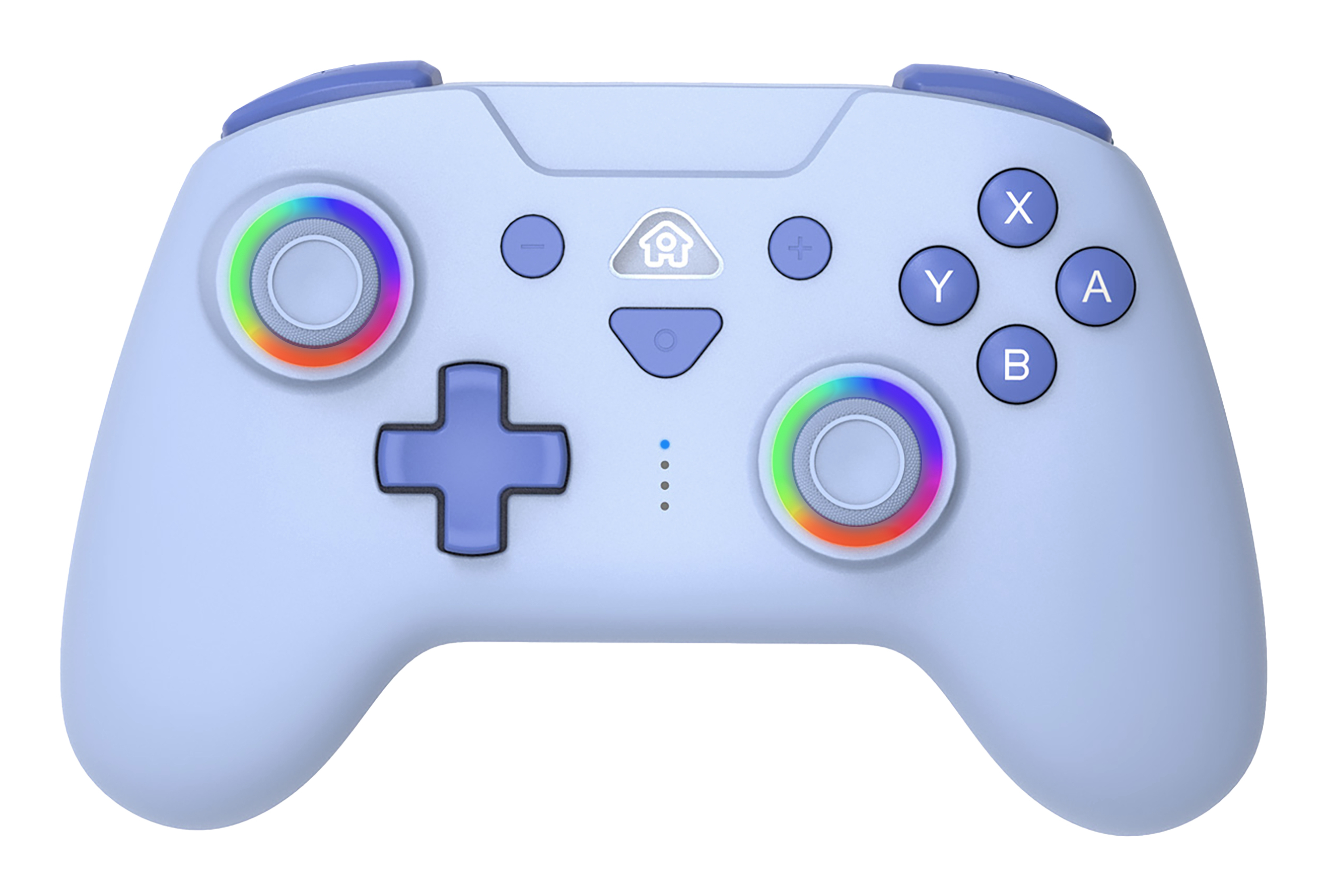 Controller di gioco azzurro con joystick e pulsanti colorati su sfondo bianco.