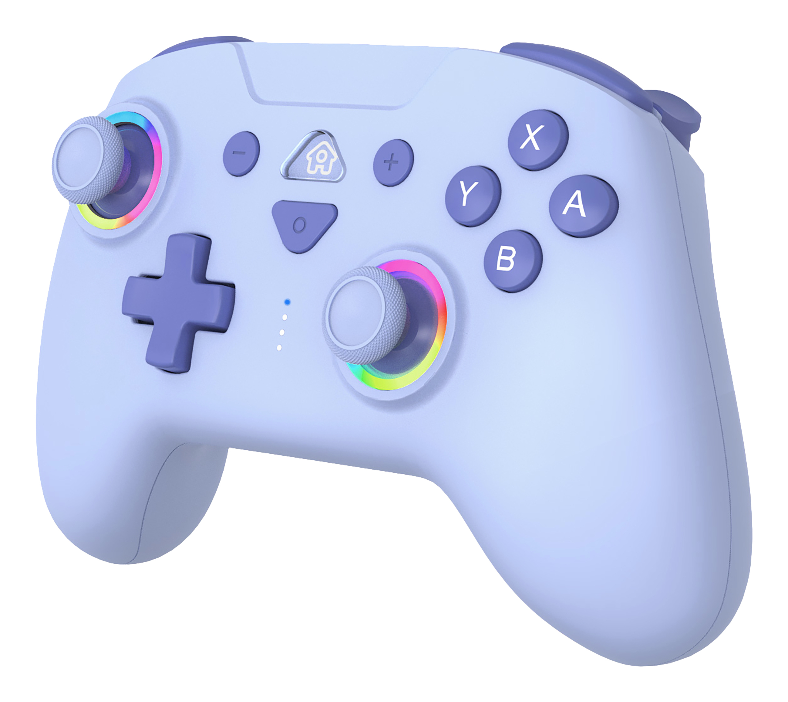 Controller di gioco lilla chiaro con pulsanti e luci colorate attorno ai joystick.