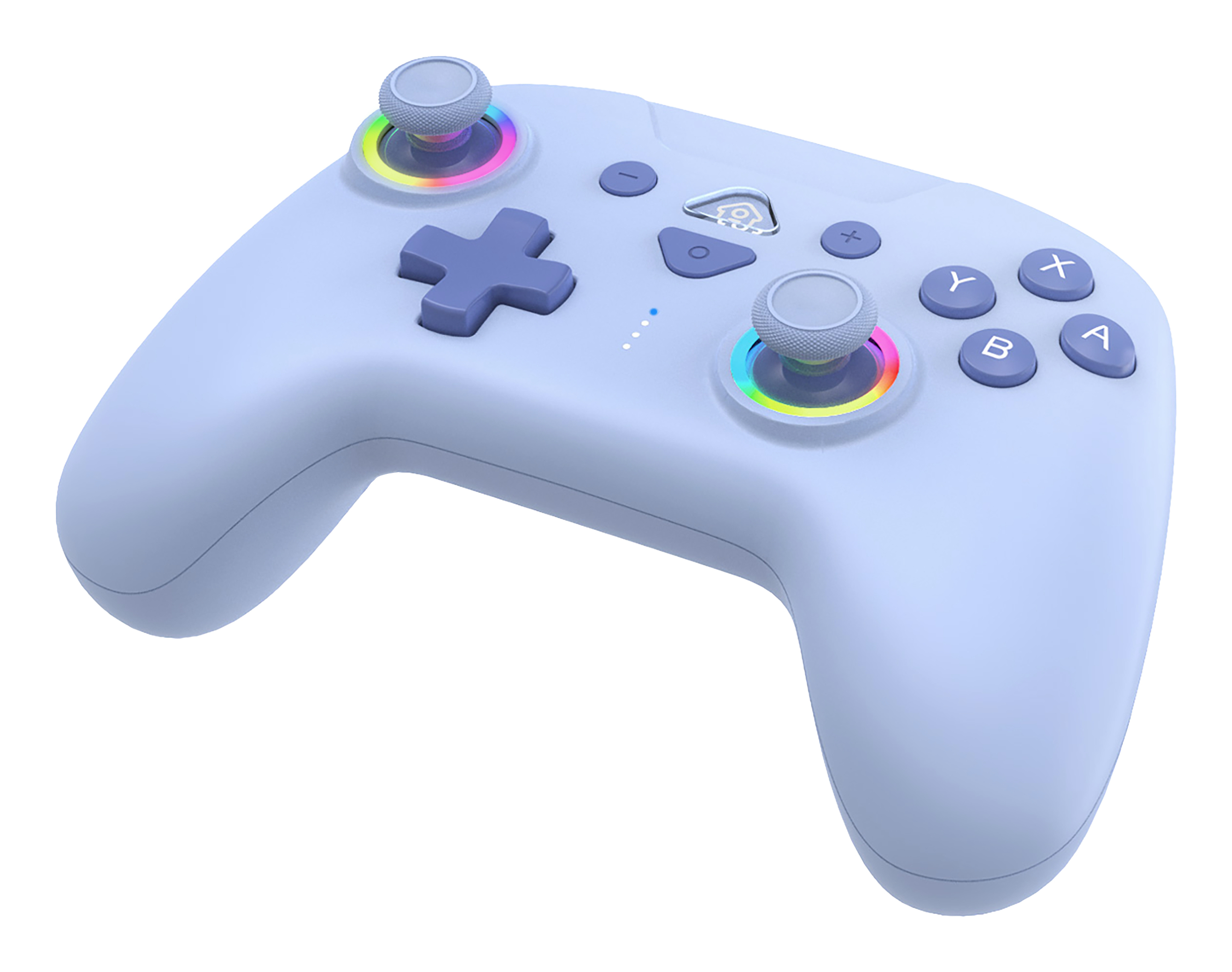 Controller di gioco lilla chiaro con pulsanti e luci colorate attorno ai joystick.