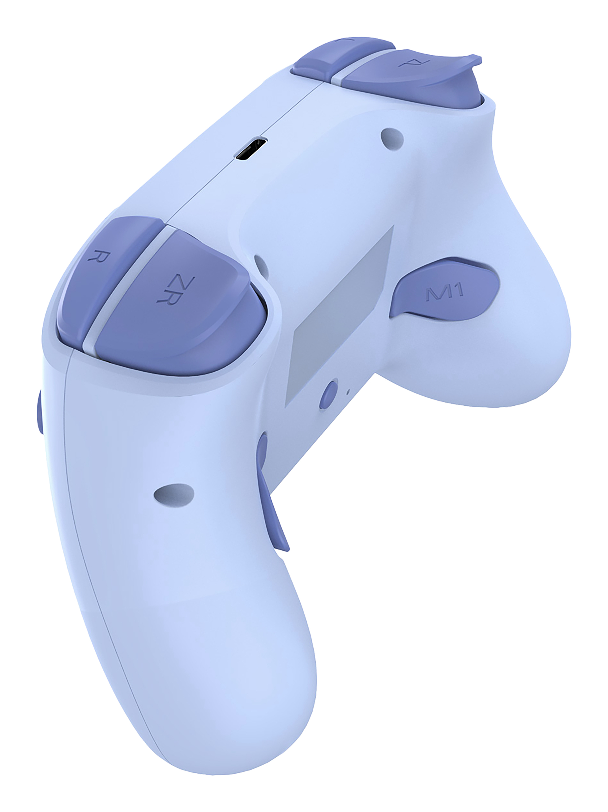 Controller azzurro con pulsanti viola. Vista posteriore con pulsanti ed etichette.