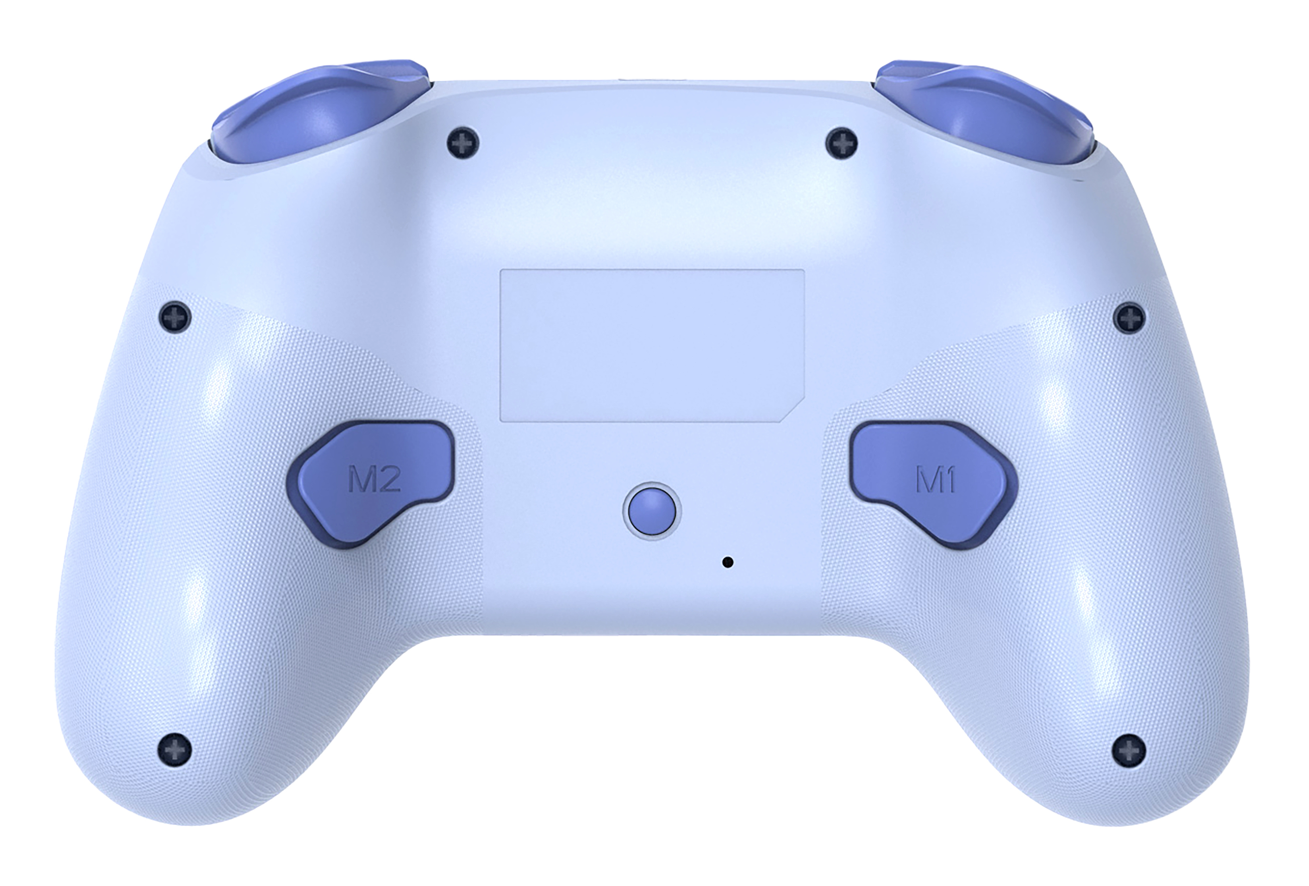 Retro di un controller di gioco lilla chiaro con pulsanti M1, M2 e un pulsante centrale.