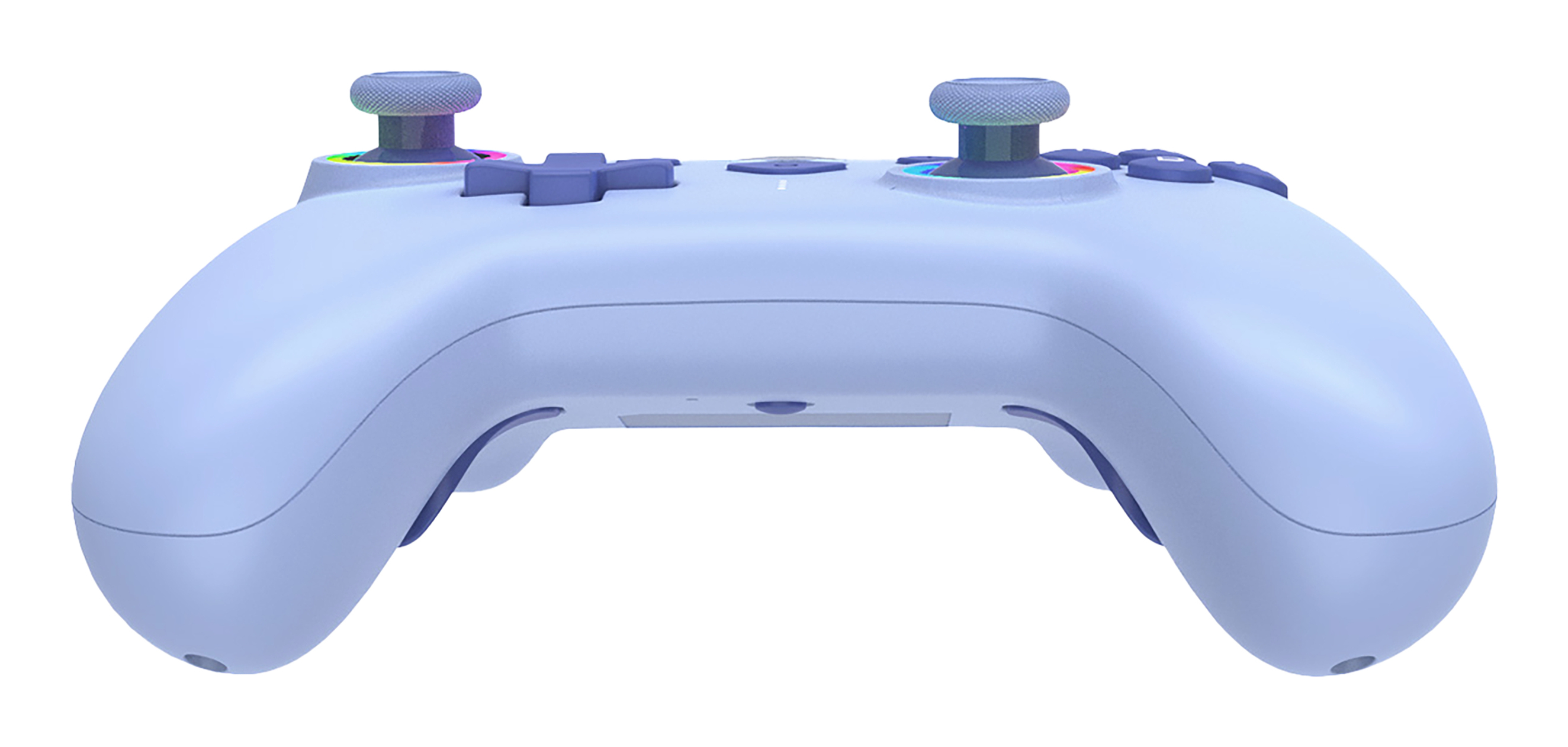 Gamepad azzurro con joystick e pulsanti, progettato con una forma arrotondata ed ergonomica.
